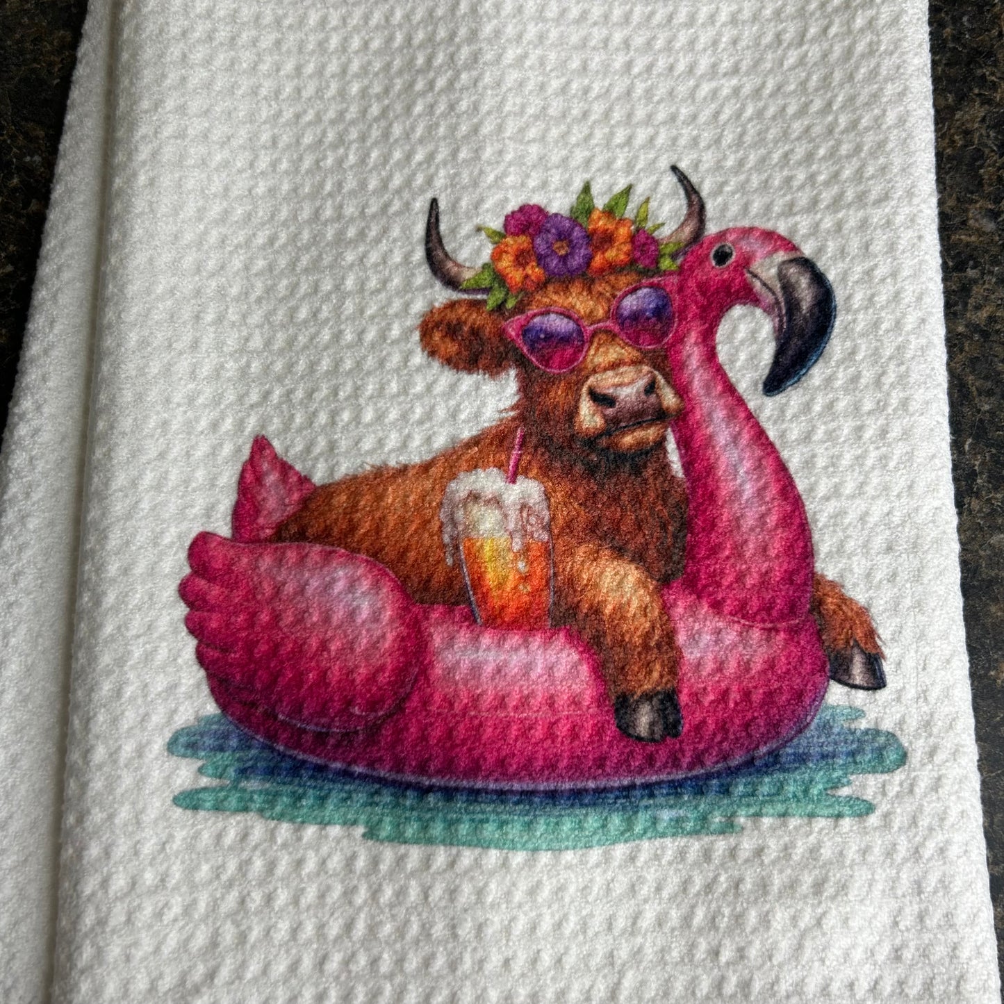 Pink Flamingo Float Highland Cow Kitchen Towel