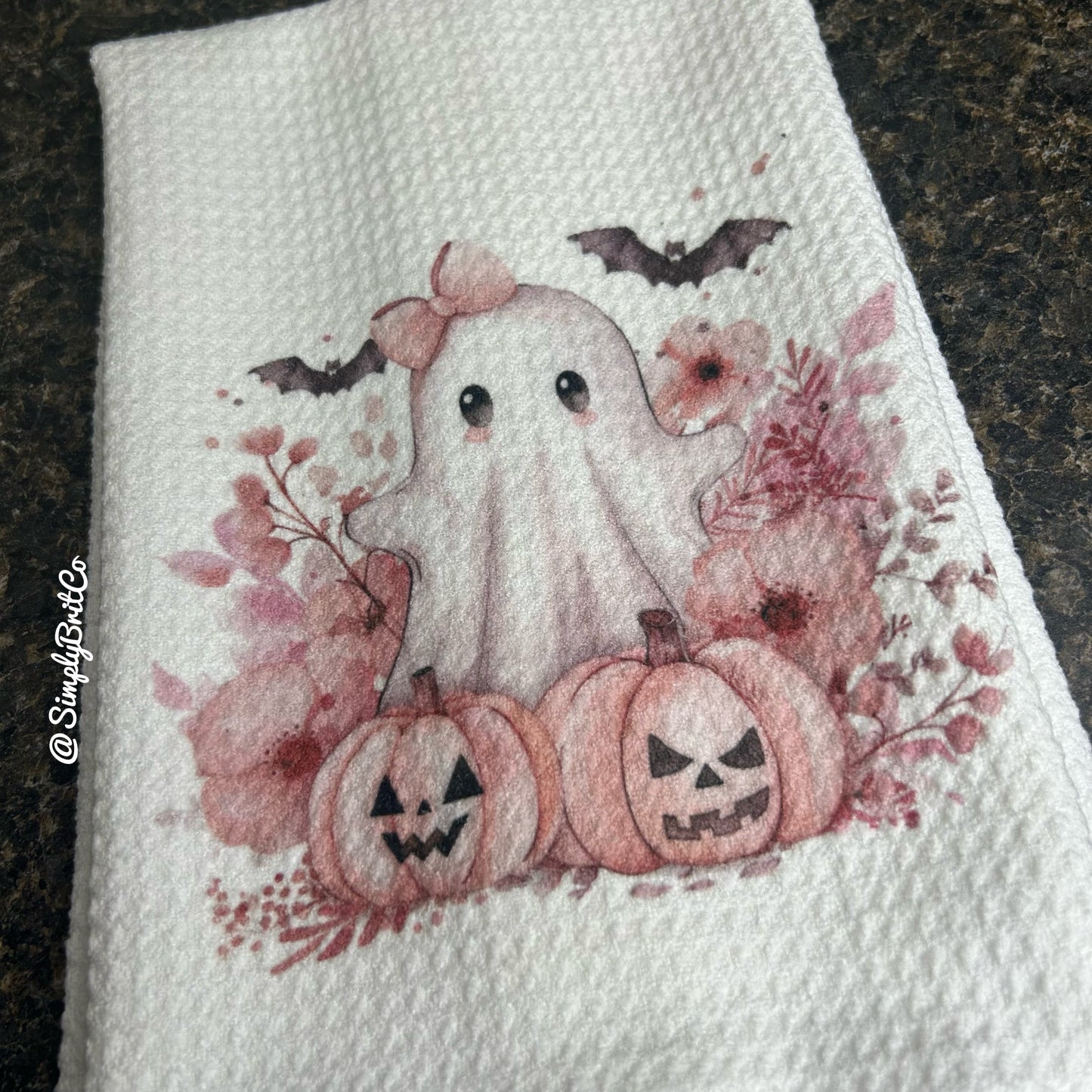 Pink Ghost Halloween Kitchen Towel