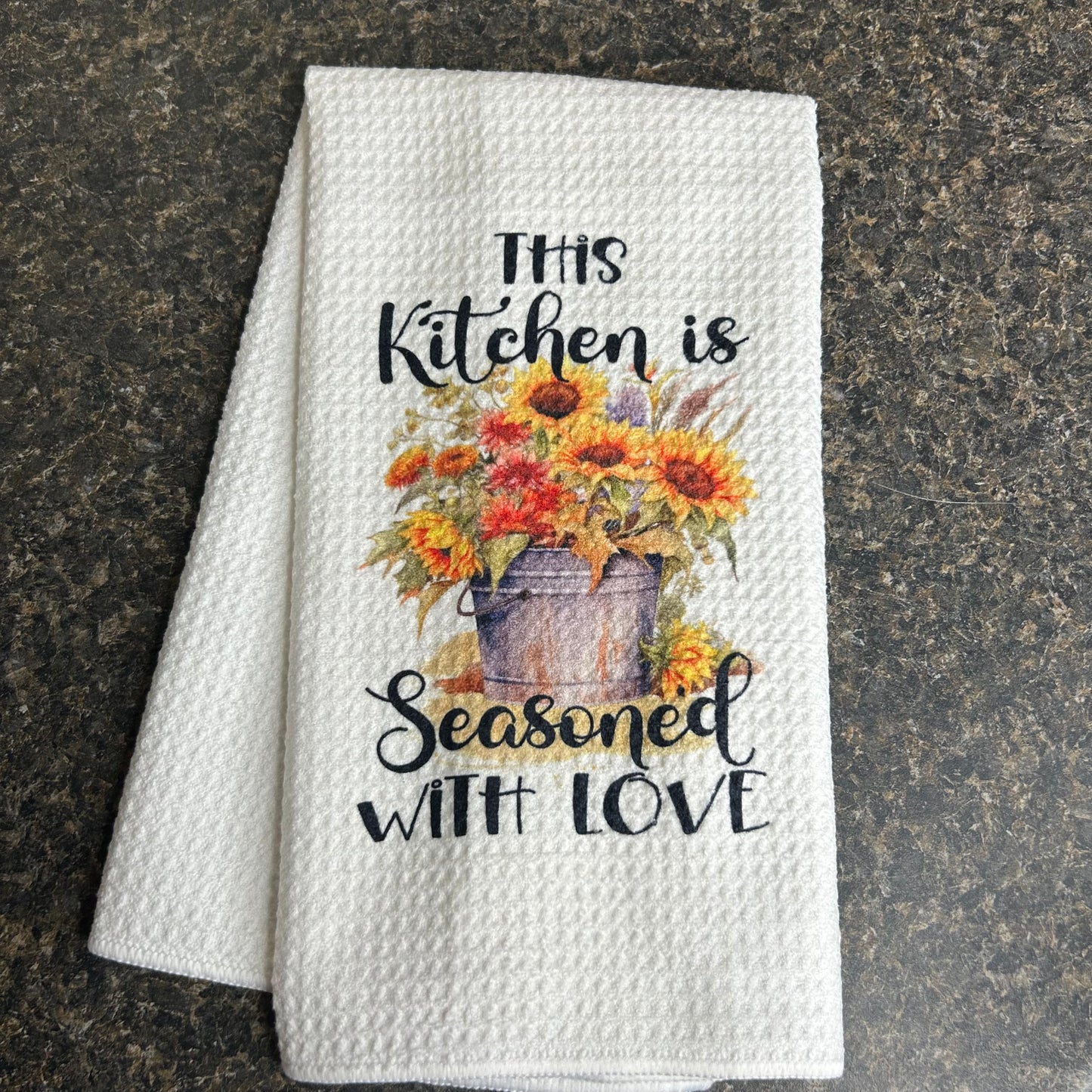 Kitchen Towel “This Kitchen is Seasoned with Love” | Sunflower Bucket