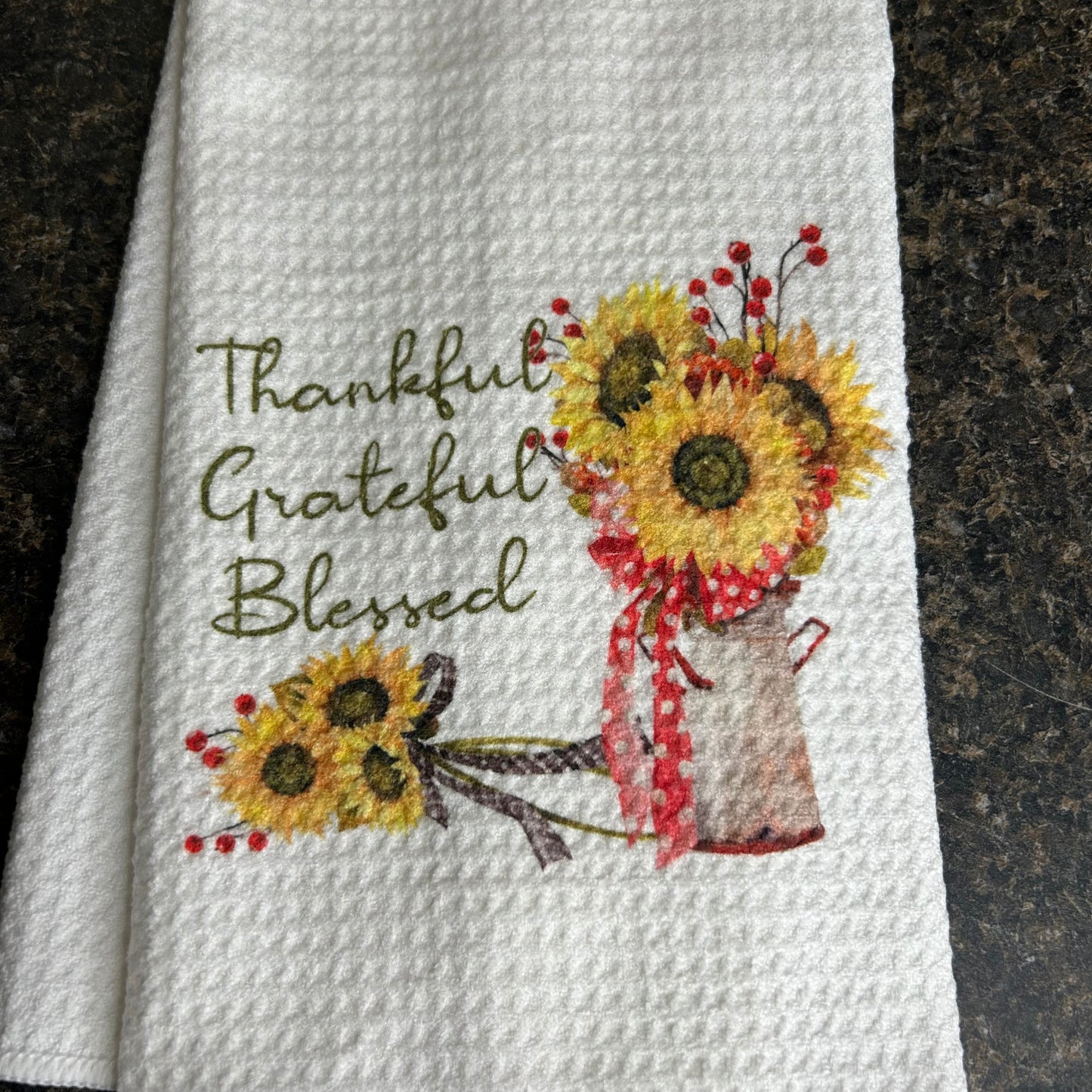 Thankful Grateful Blessed Kitchen Towel | Sunflowers