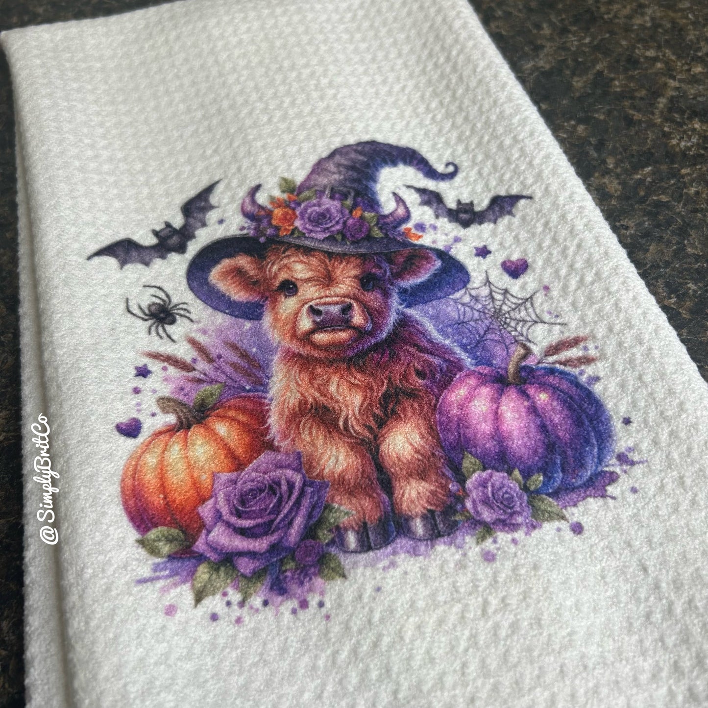 Purple Witch Highland Cow Kitchen Towel - Halloween