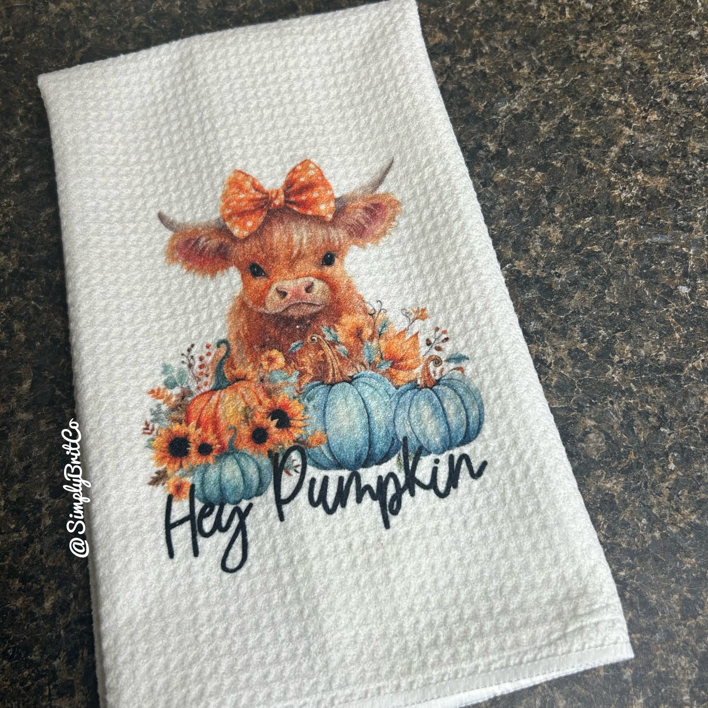 Hey Pumpkin Highland Cow Teal Pumpkins Kitchen Towels - Fall