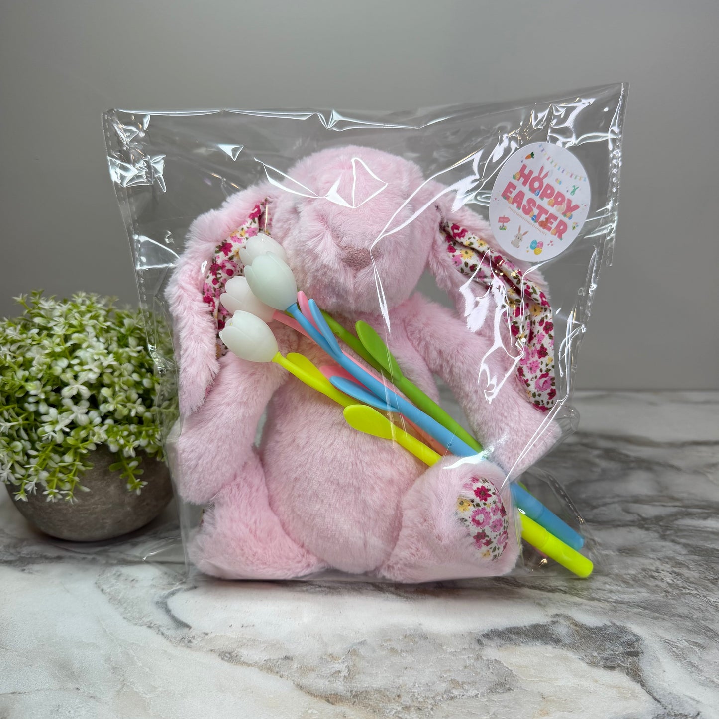 Bunny Floral Plush & Tulip Pen Bundled Set - Pink