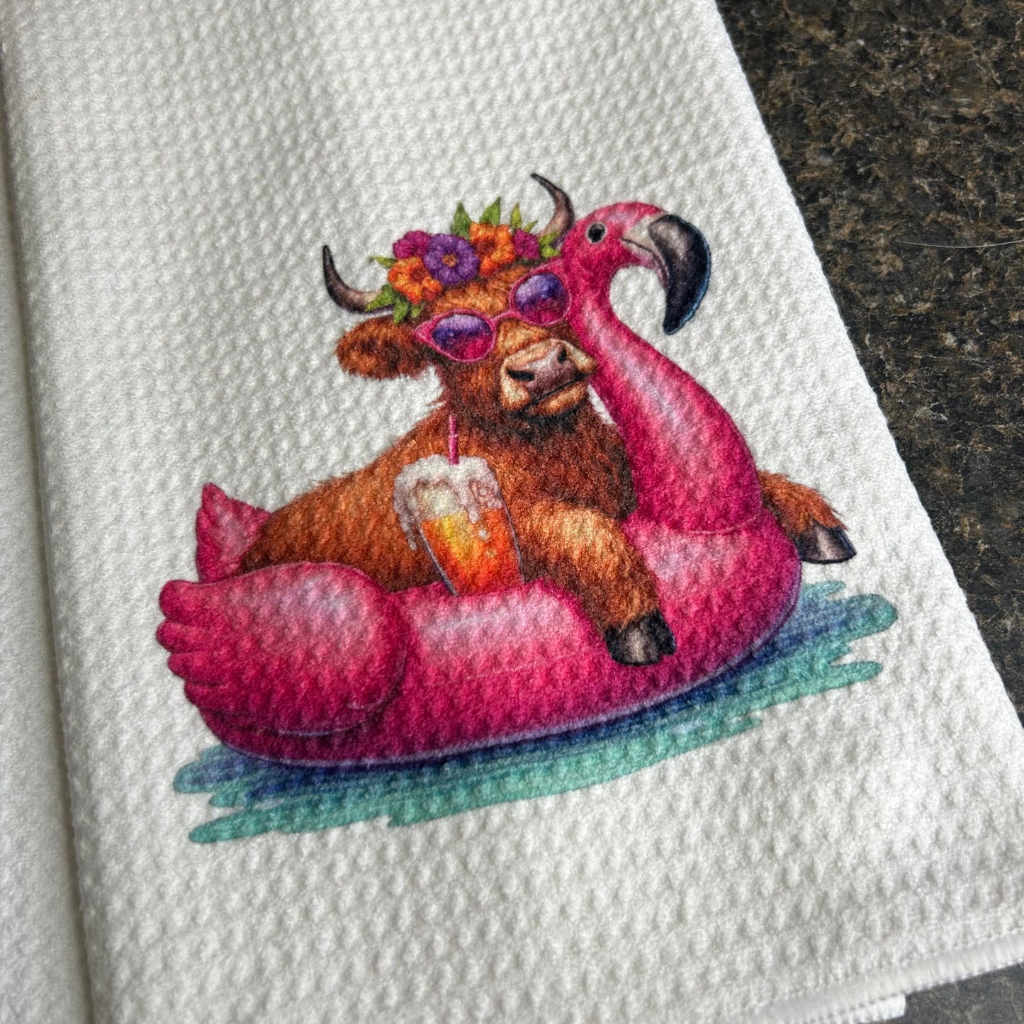 Pink Flamingo Float Highland Cow Kitchen Towel