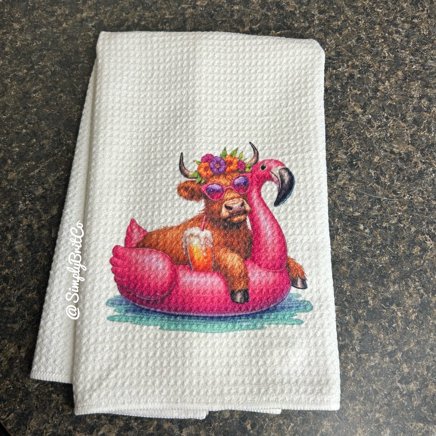 Pink Flamingo Float Highland Cow Kitchen Towel