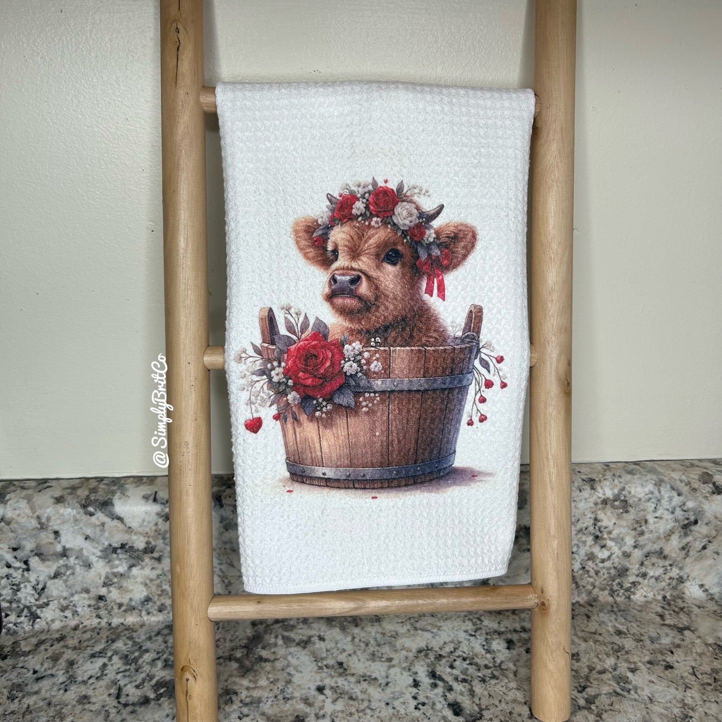 Red Highland Cow Floral Barrel Kitchen Towel