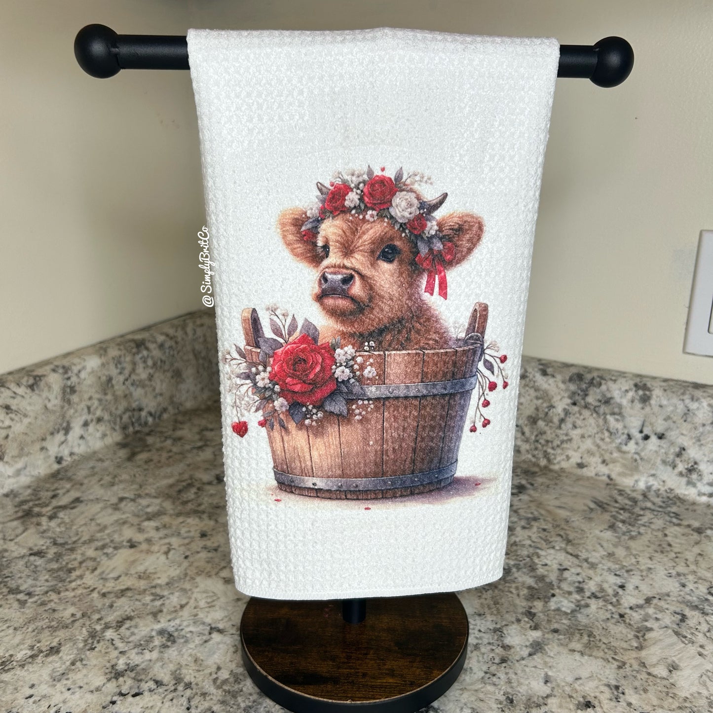 Red Highland Cow Floral Barrel Kitchen Towel