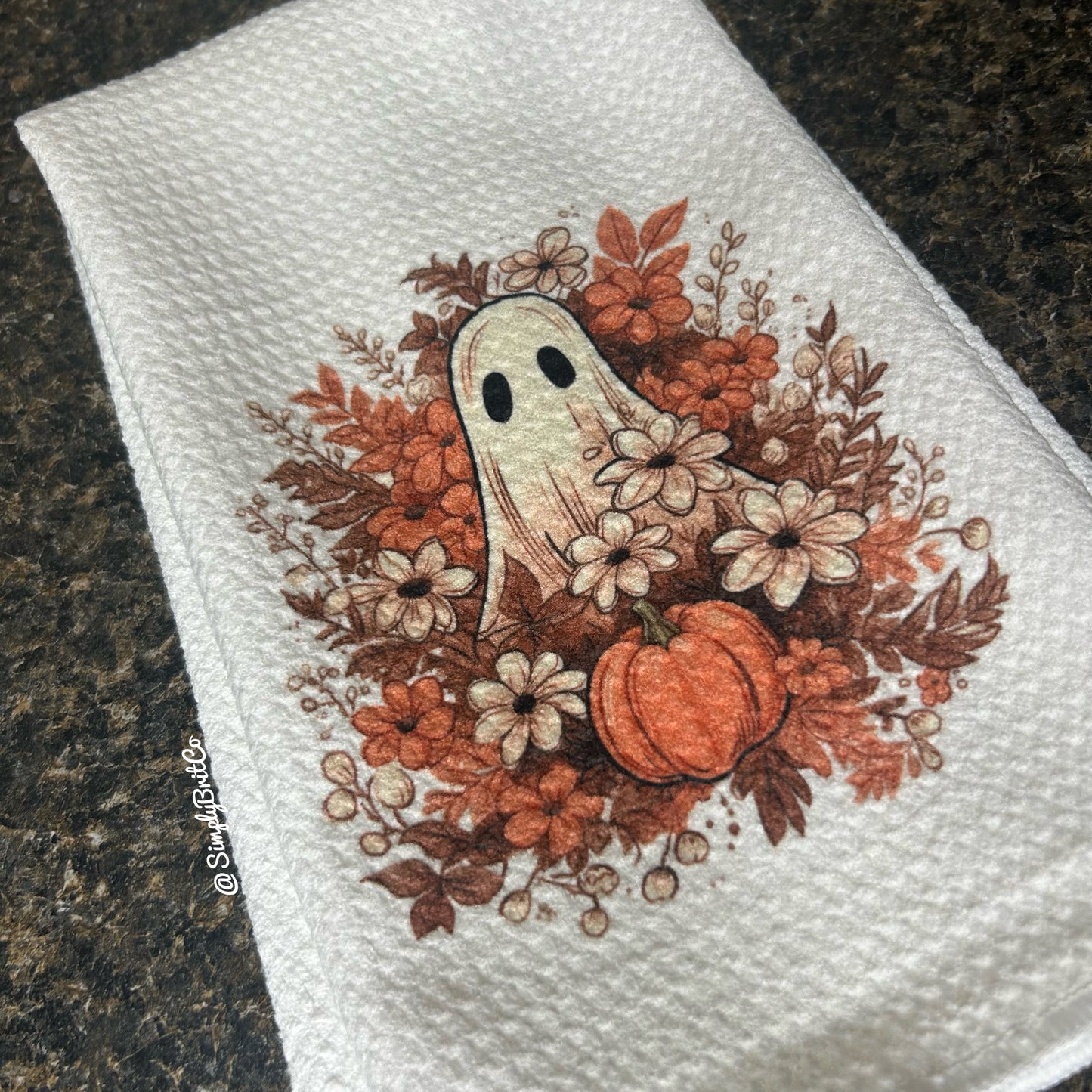 Floral Ghost Holding a Pumpkin Kitchen Towel - Ready To Ship