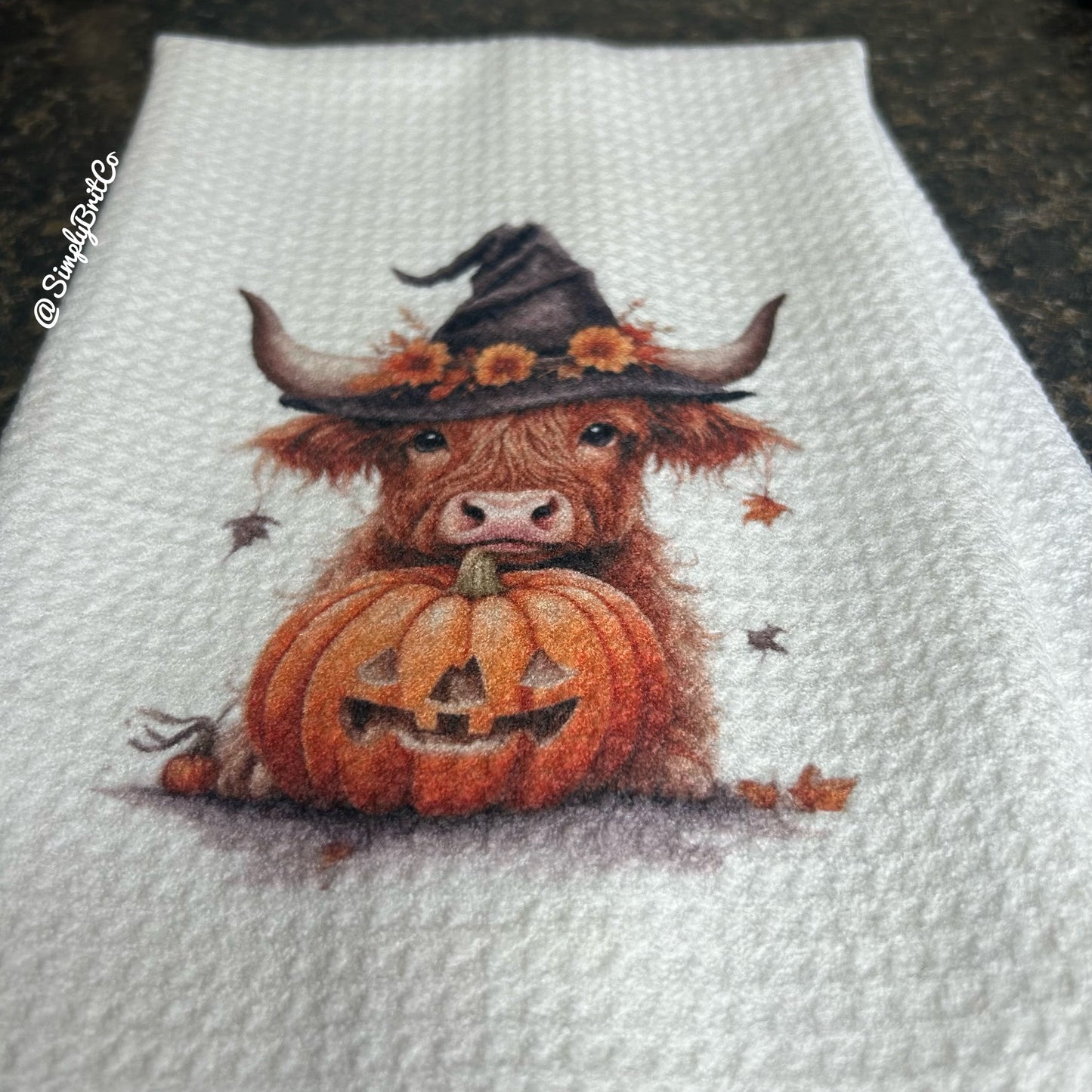 Fall Pumpkin Highland Cow Kitchen Towel - Halloween Ready to Ship