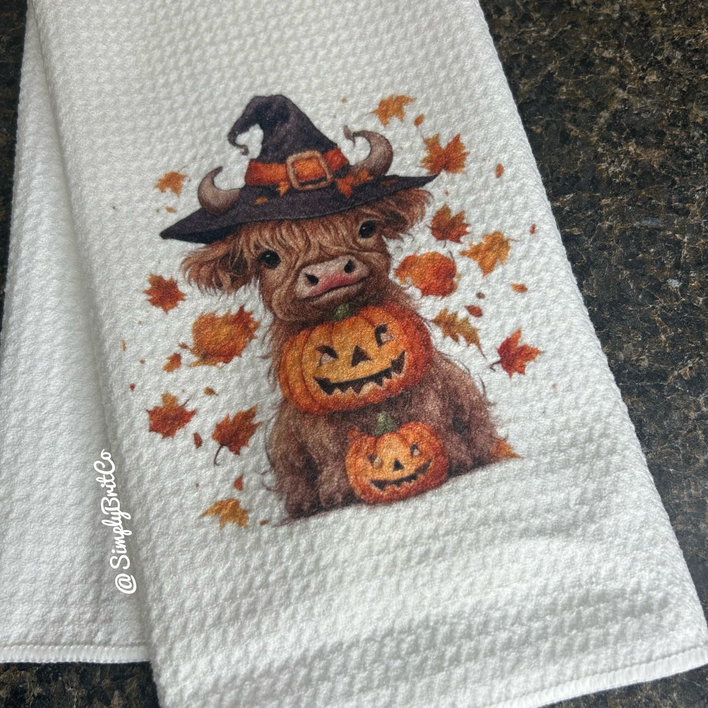 Fall Pumpkin Stack with Highland Cow Witch Halloween Towel