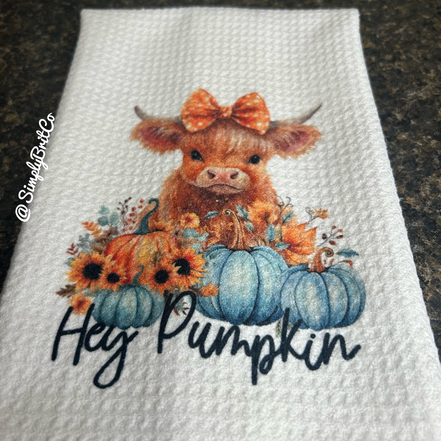 Hey Pumpkin Highland Cow Teal Pumpkins Kitchen Towels - Fall