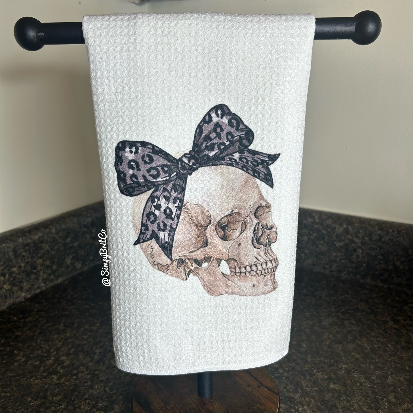 Skull with Cheetah Bow Kitchen Towel - Halloween