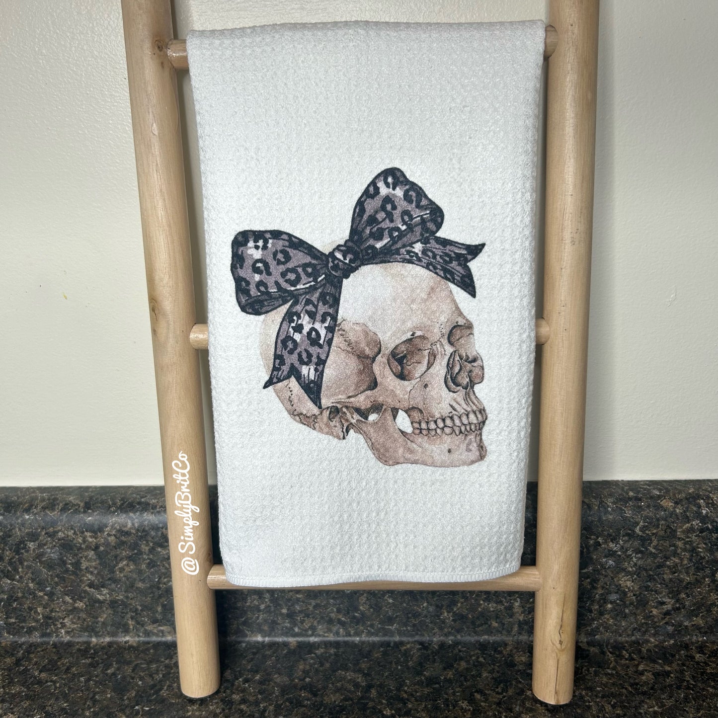 Skull with Cheetah Bow Kitchen Towel - Halloween