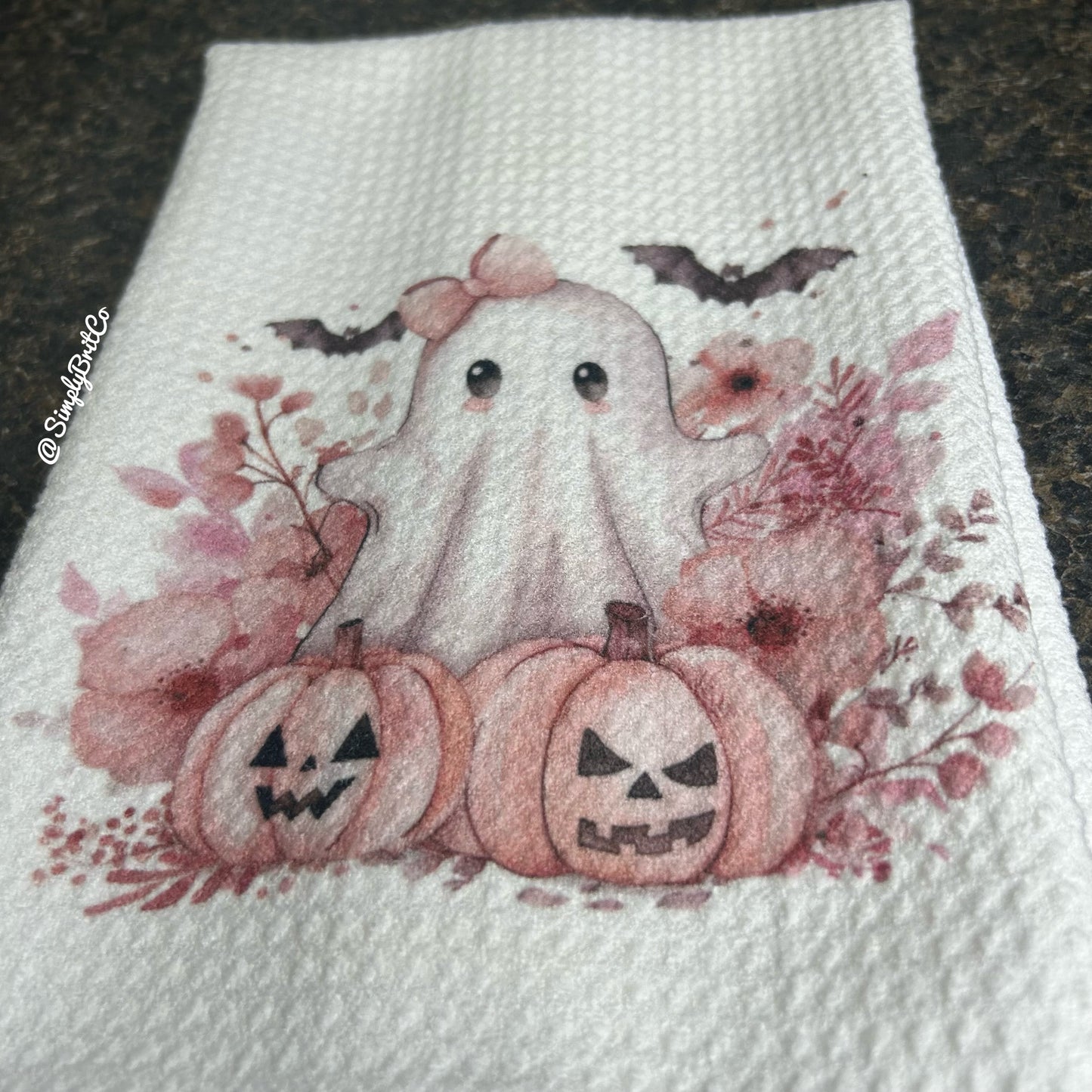 Pink Ghost Halloween Kitchen Towel