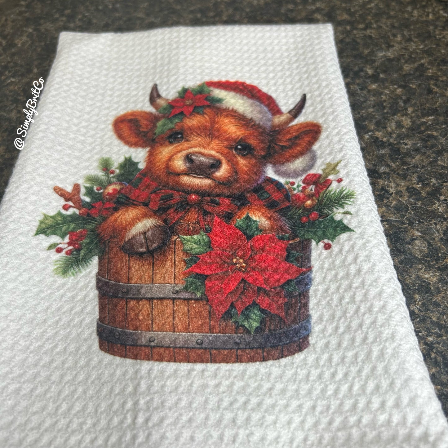 Red Plaid Highland Cow Barrel Christmas Kitchen Towel