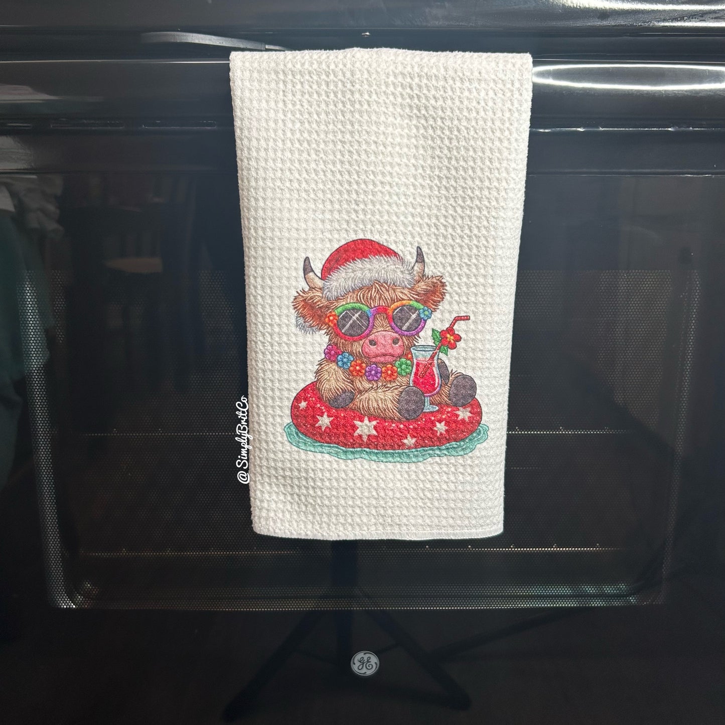 Summer Highland Cow Christmas Float Kitchen Towel