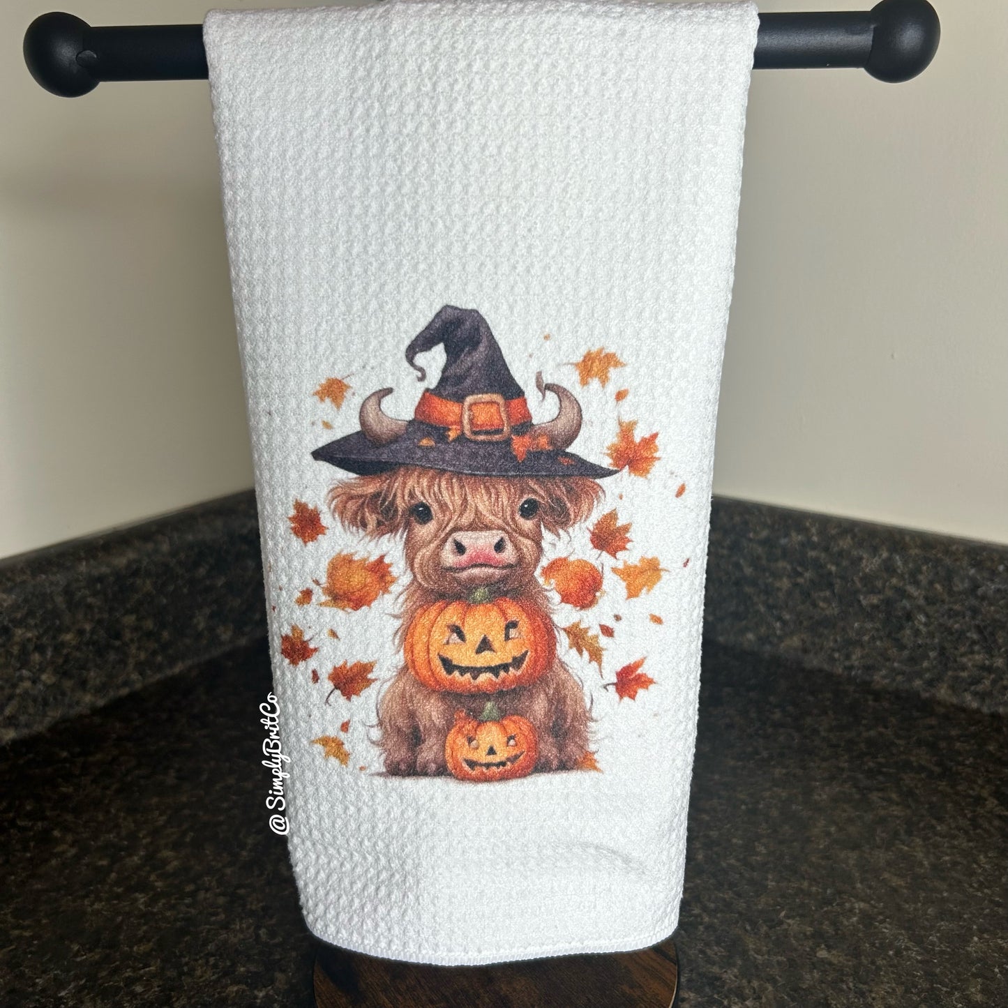 Fall Pumpkin Stack with Highland Cow Witch Halloween Towel