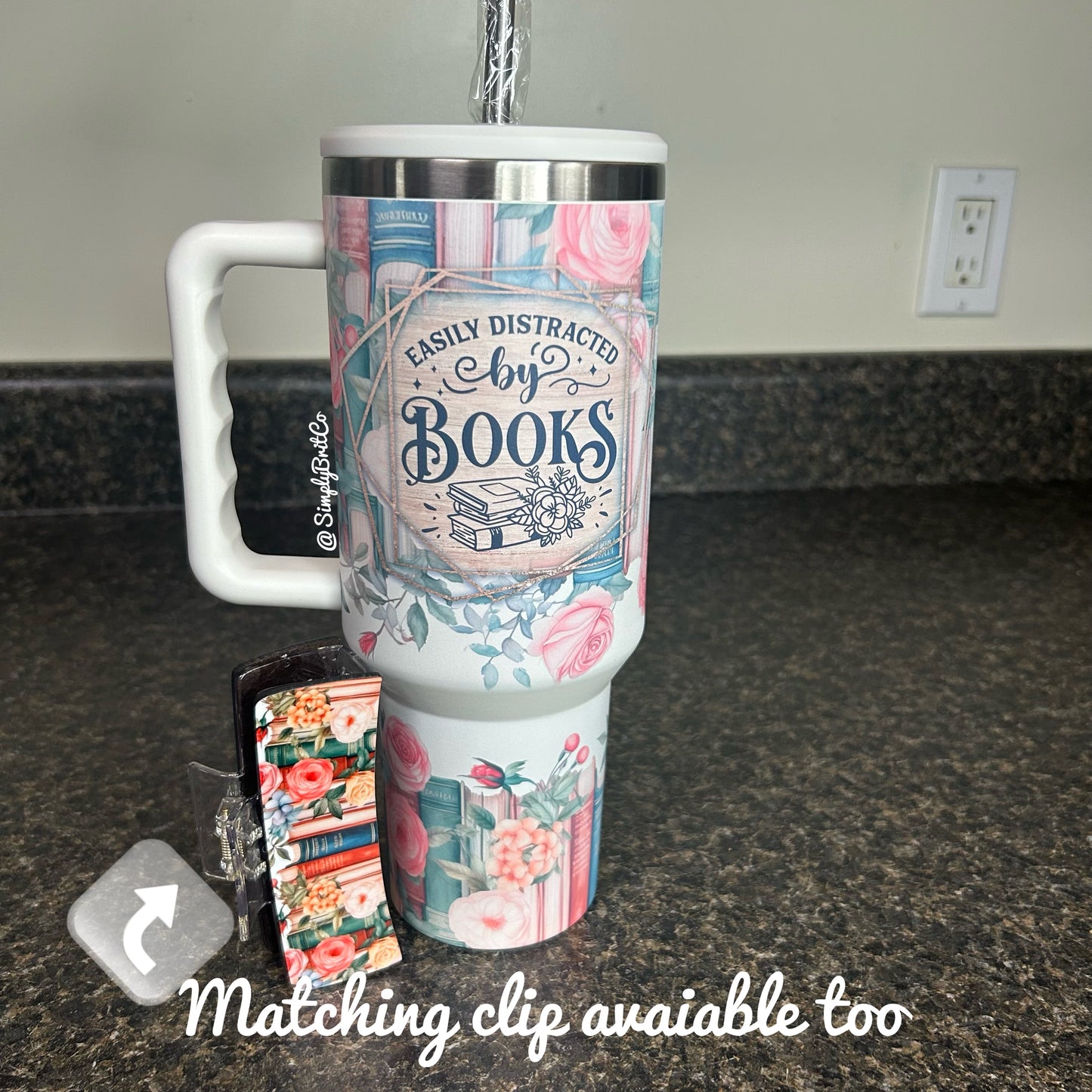 Matte Distracted By Books 40oz Tumbler | Floral Book Lover