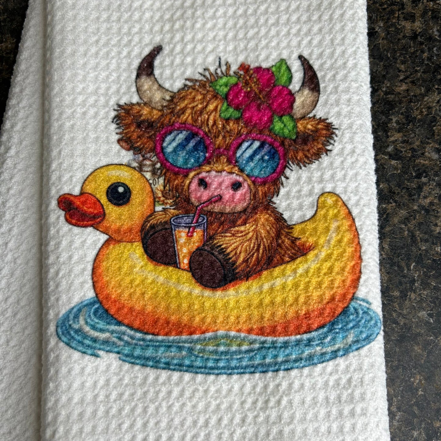 Highland Cow on a Duck Float Kitchen Towel