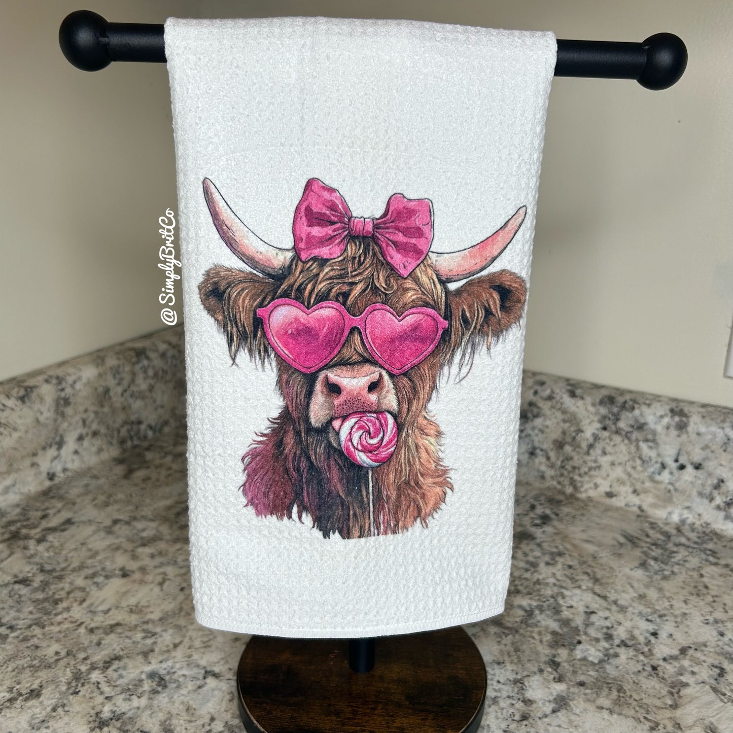 Pink Highland Cow Lollipop Kitchen Towel