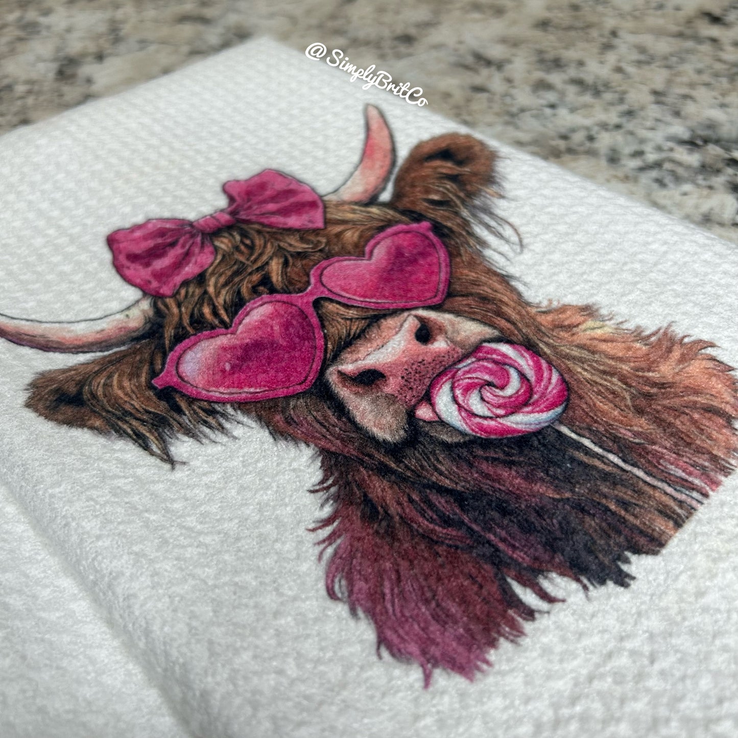 Pink Highland Cow Lollipop Kitchen Towel