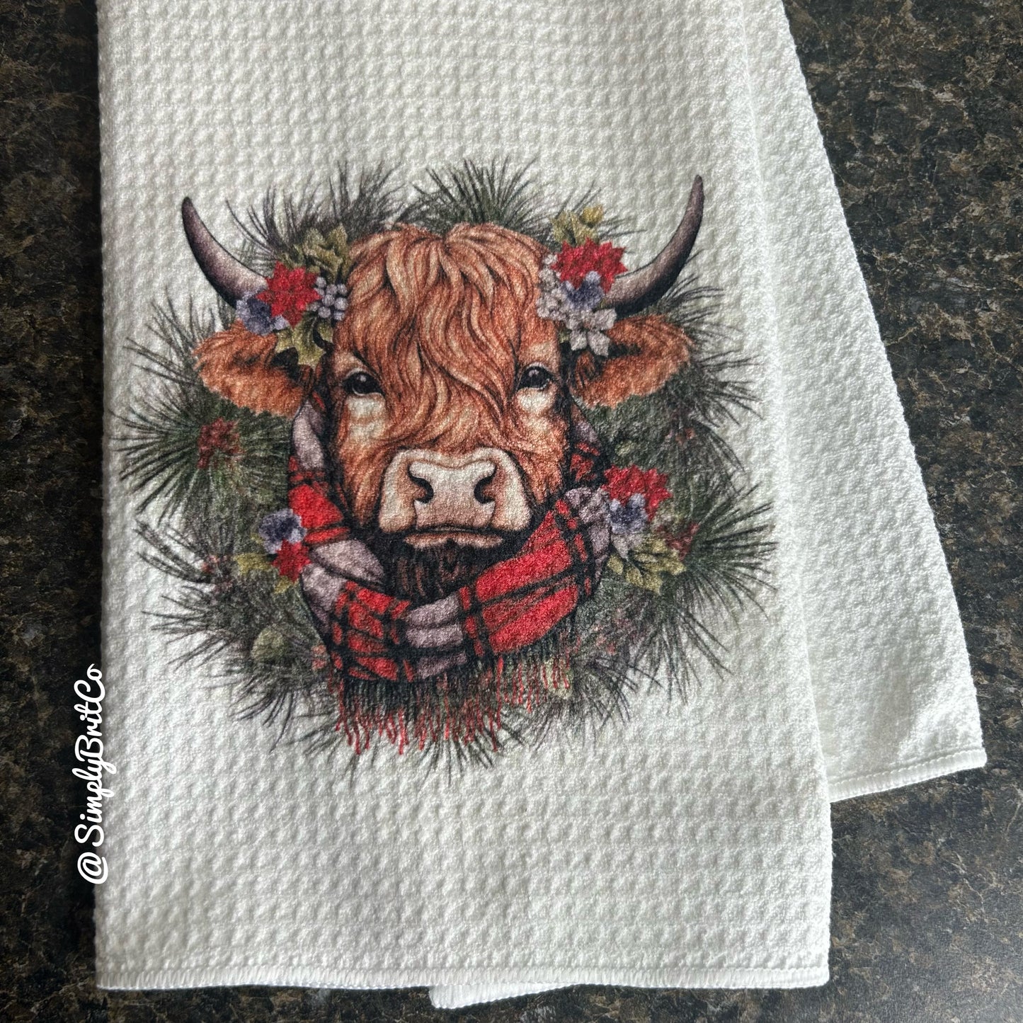 Highland Cow Wreath Christmas Kitchen Towel