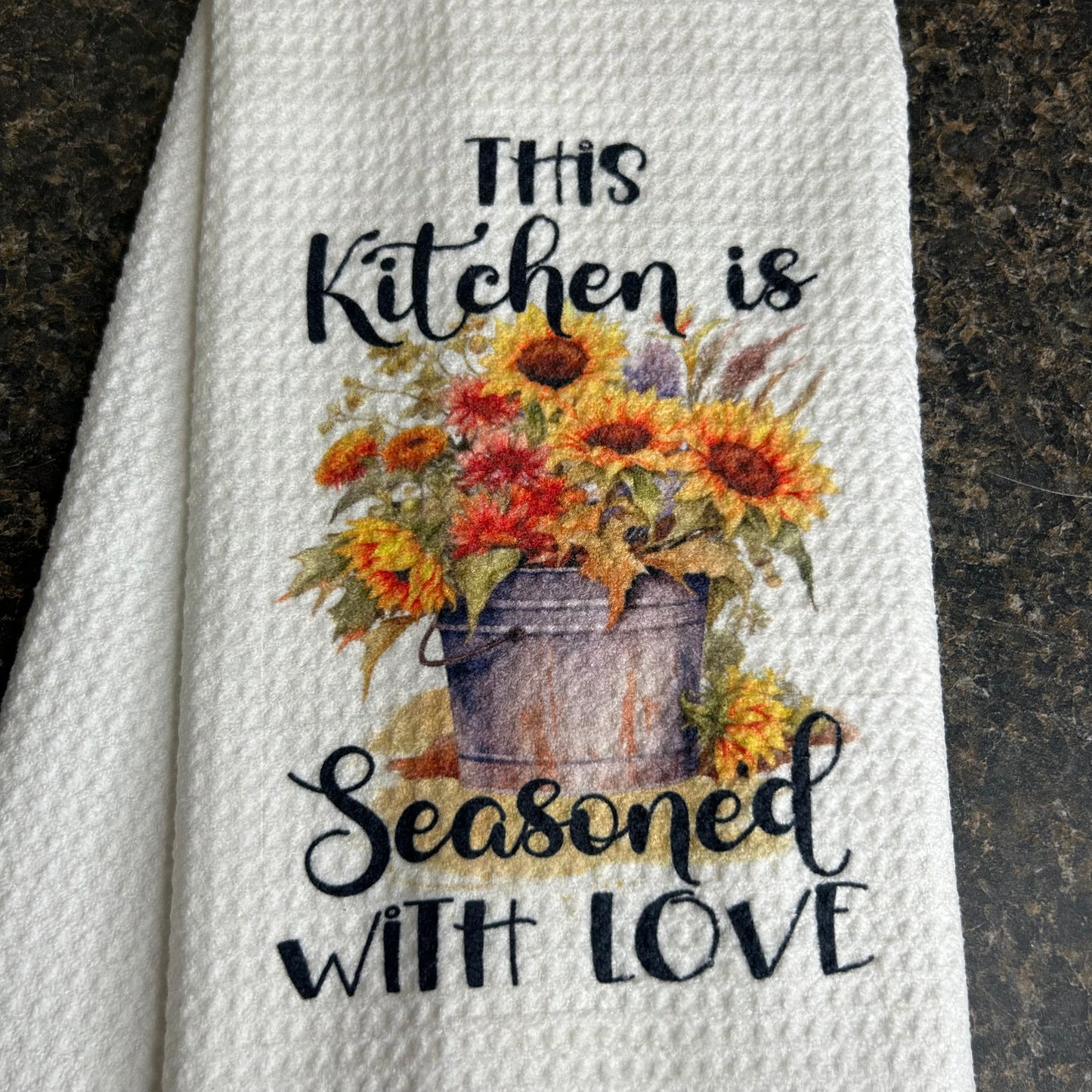 Kitchen Towel “This Kitchen is Seasoned with Love” | Sunflower Bucket