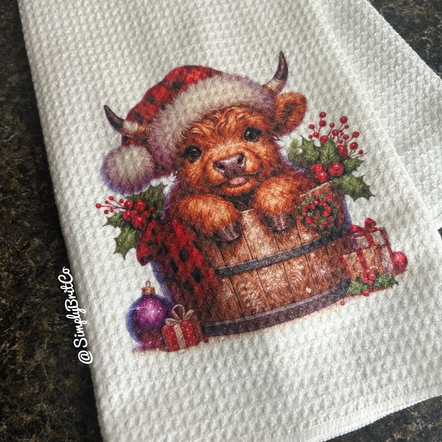 Baby Highland Cow Christmas Barrel Kitchen Towel