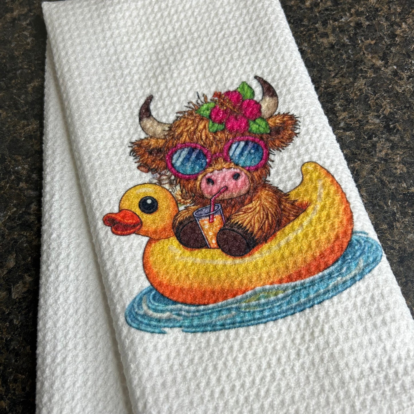 Highland Cow on a Duck Float Kitchen Towel