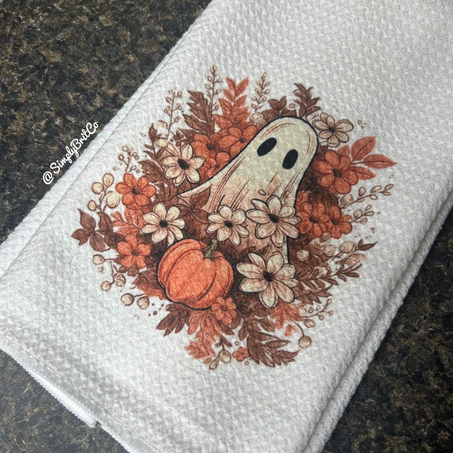 Floral Ghost Holding a Pumpkin Kitchen Towel - Fall, Halloween