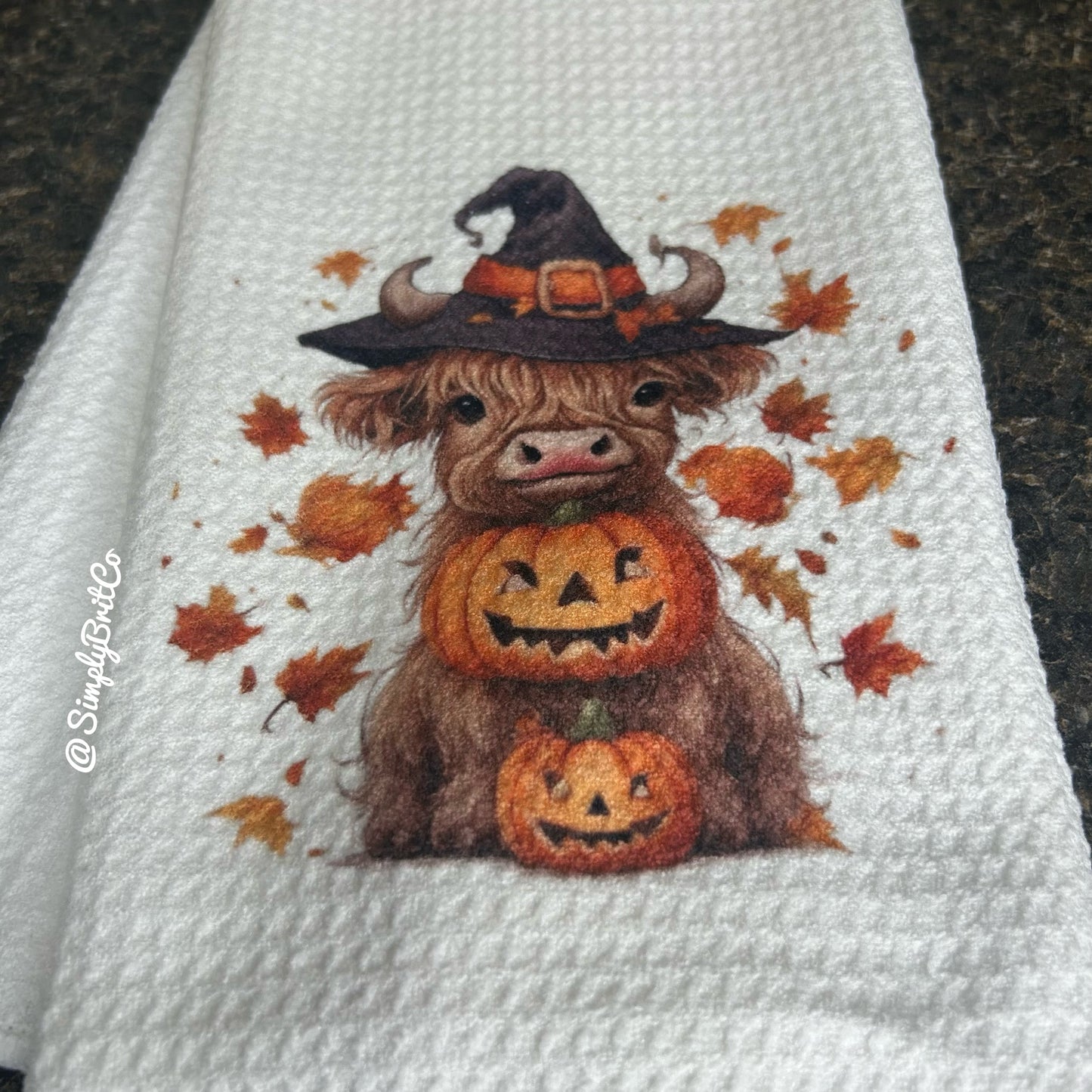Fall Pumpkin Stack with Highland Cow Witch Halloween Towel