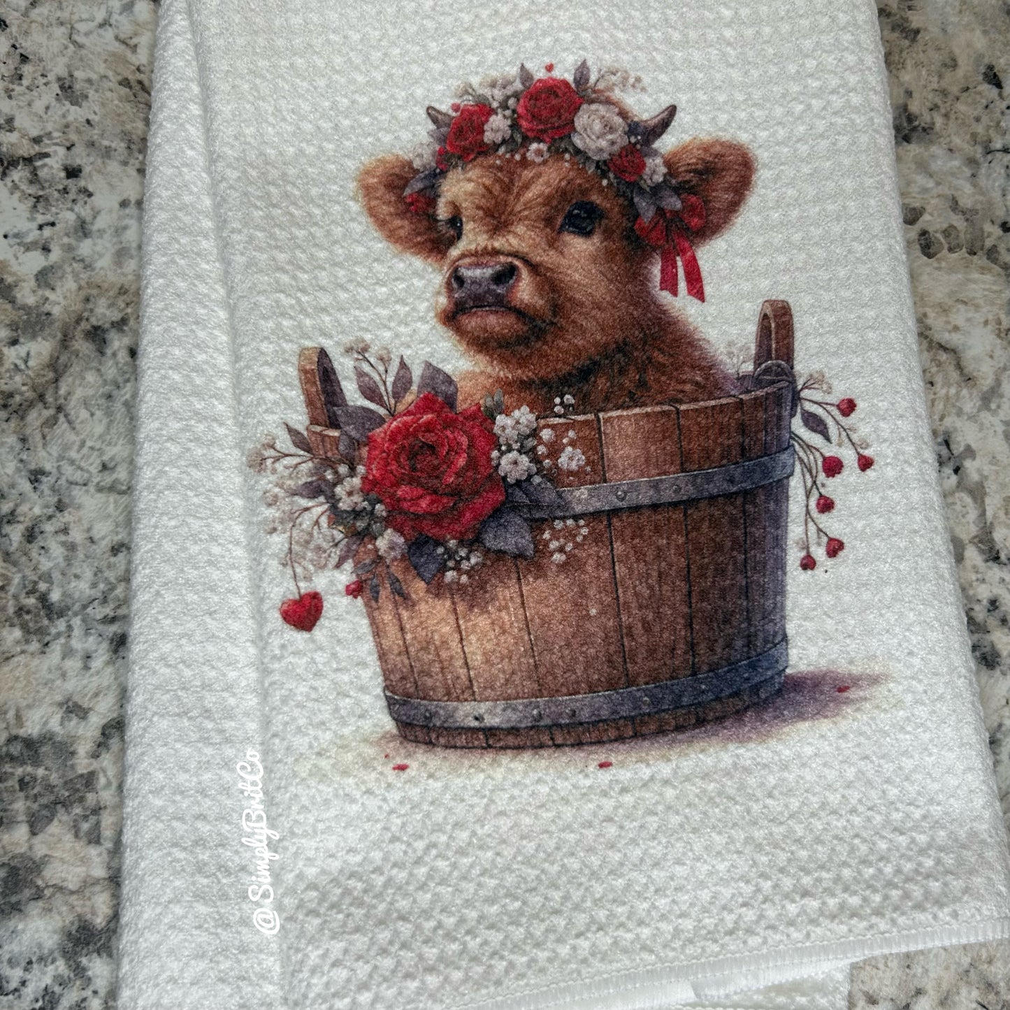 Red Highland Cow Floral Barrel Kitchen Towel