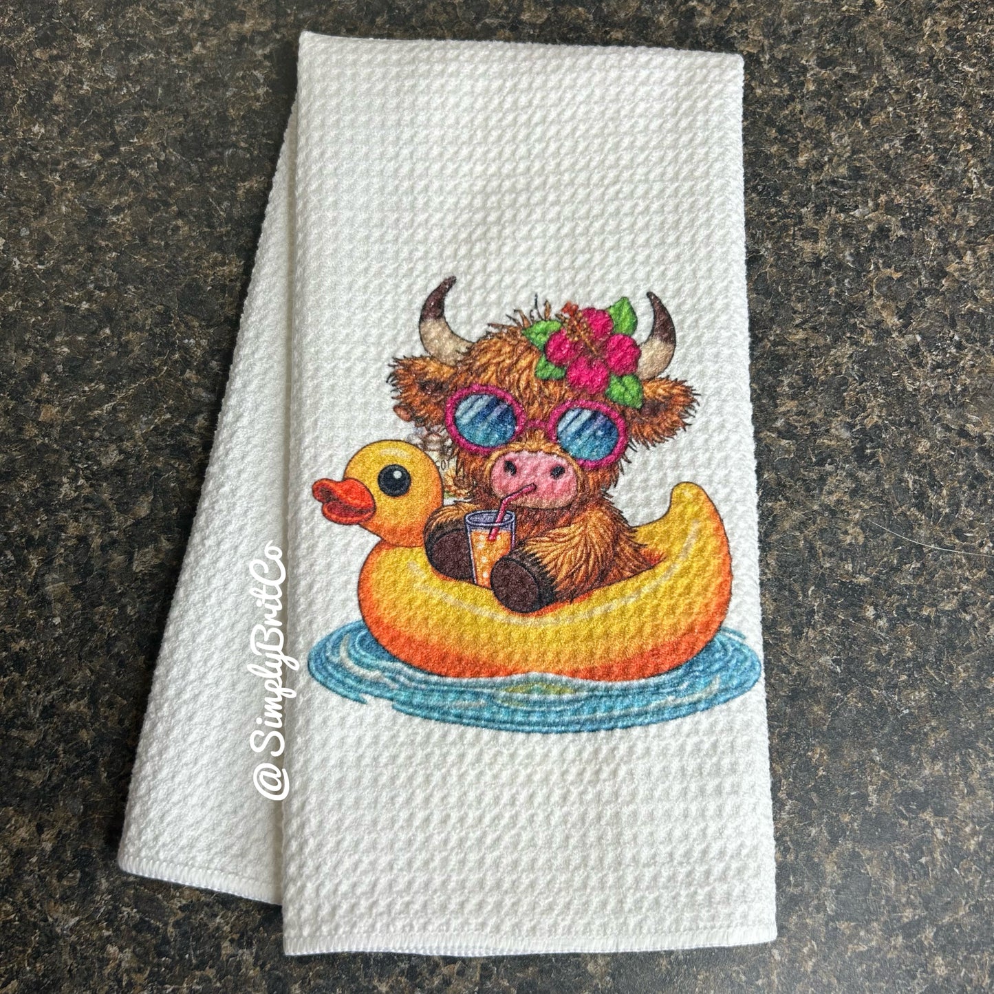 Highland Cow on a Duck Float Kitchen Towel