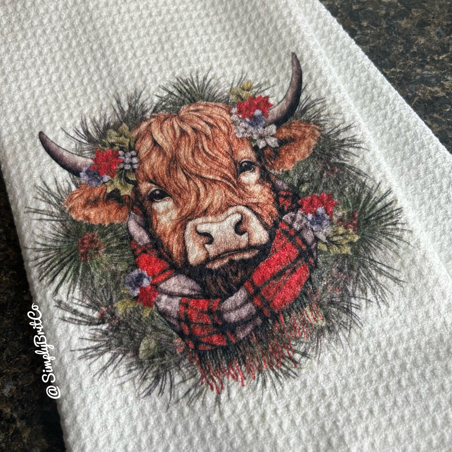 Highland Cow Wreath Christmas Kitchen Towel