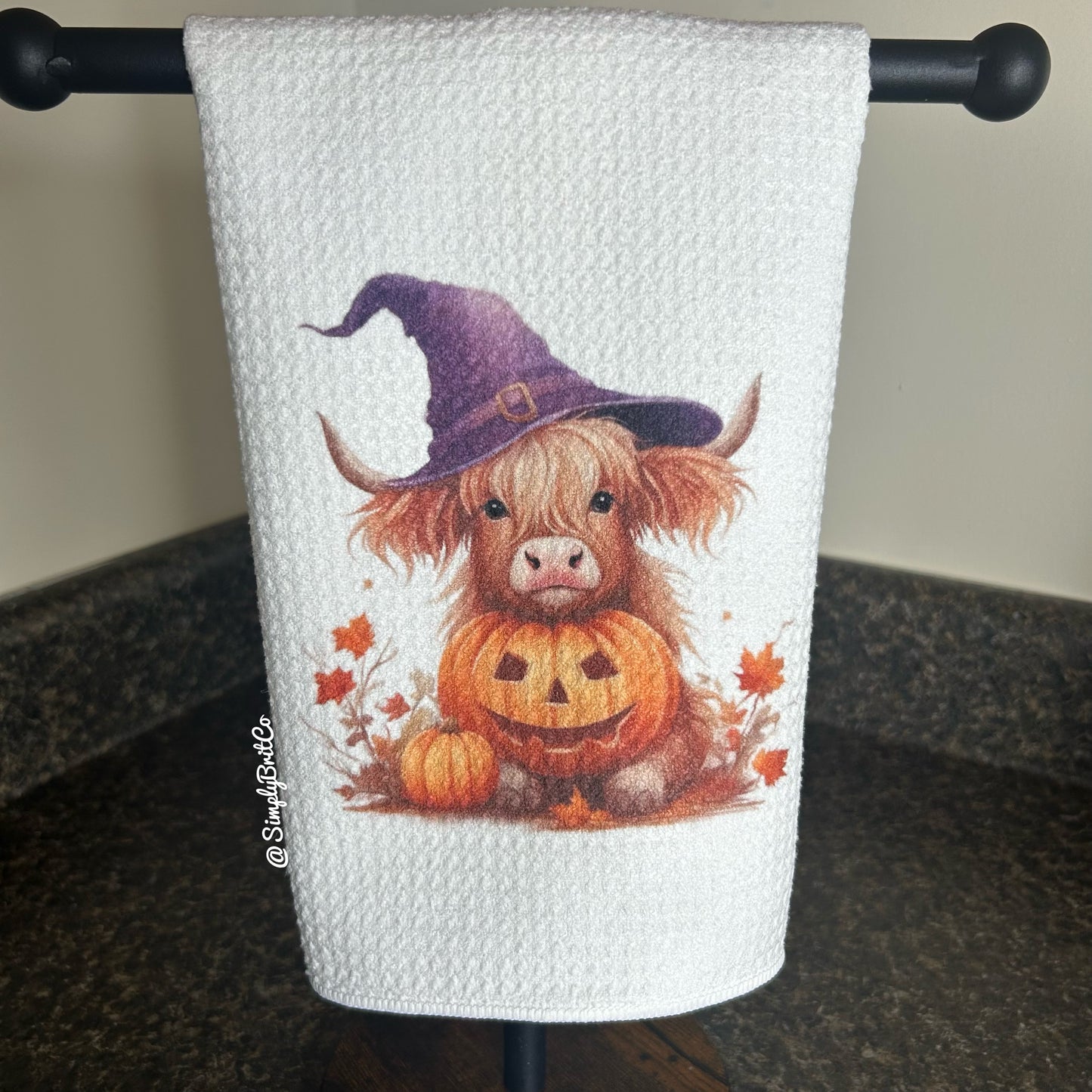 Purple Witch Highland Cow with Pumpkin Kitchen Towel - Halloween