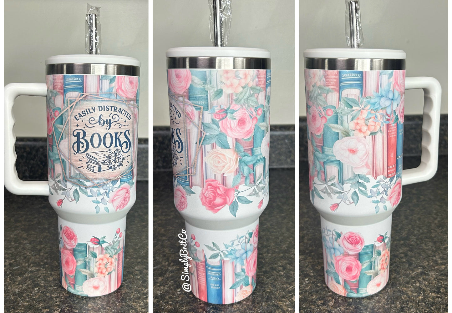 Matte Distracted By Books 40oz Tumbler | Floral Book Lover