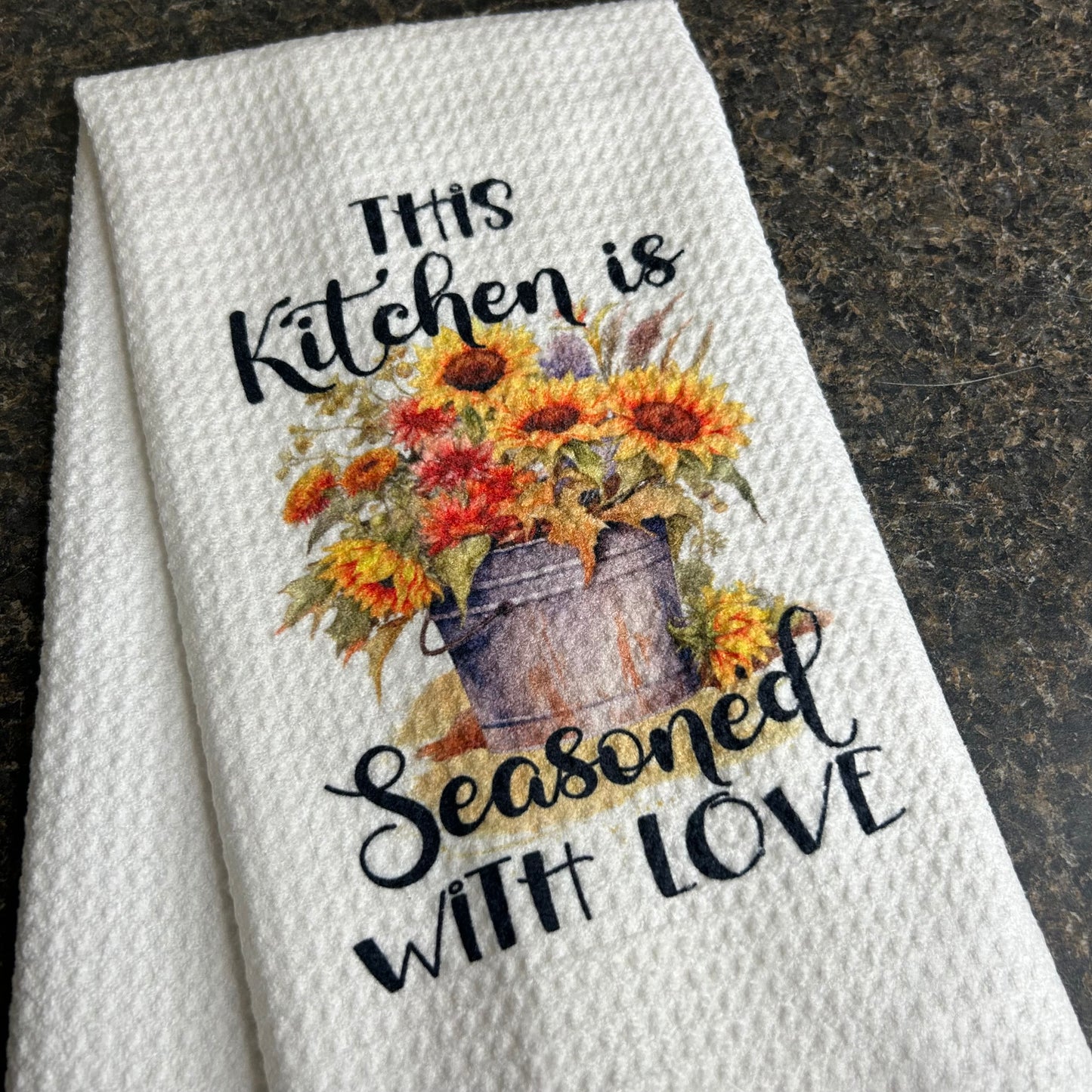Kitchen Towel “This Kitchen is Seasoned with Love” | Sunflower Bucket
