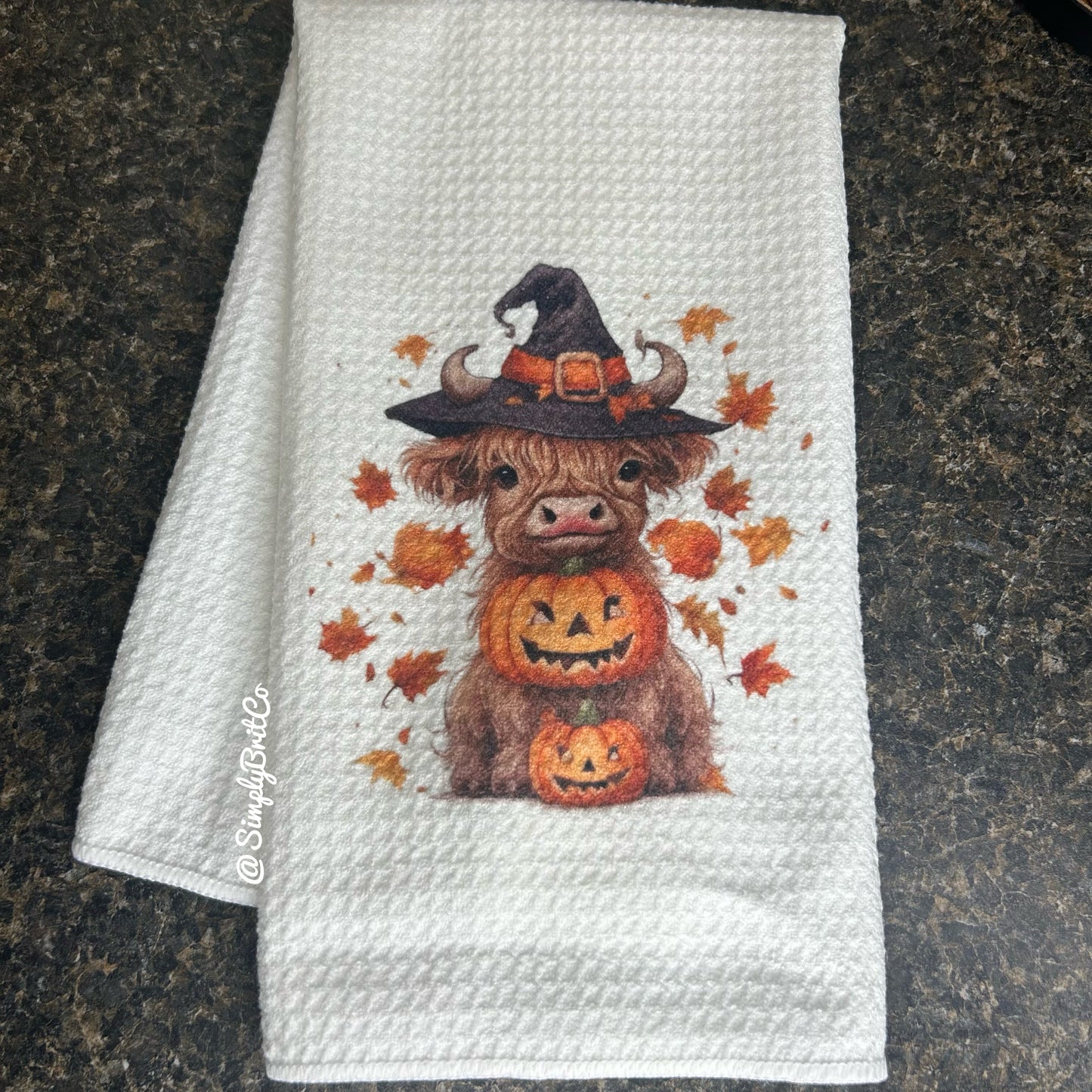 Fall Pumpkin Stack with Highland Cow Witch Halloween Towel