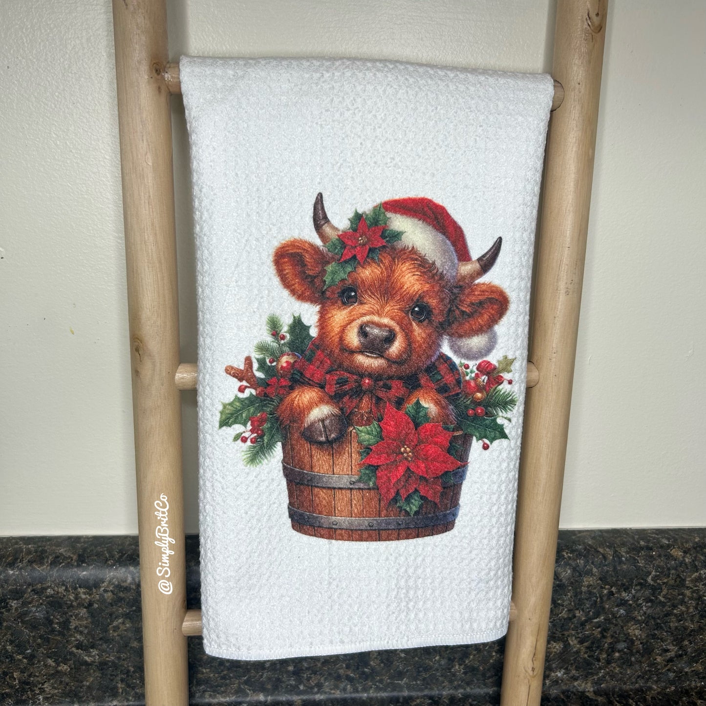 Red Plaid Highland Cow Barrel Christmas Kitchen Towel