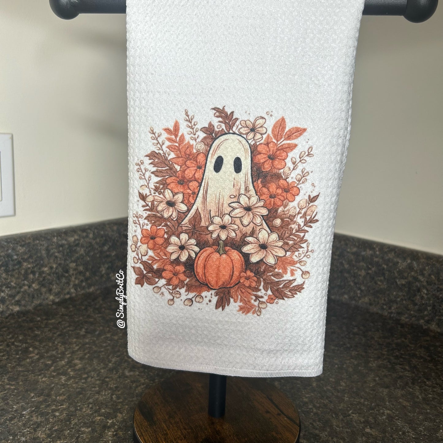 Floral Ghost Holding a Pumpkin Kitchen Towel - Fall, Halloween