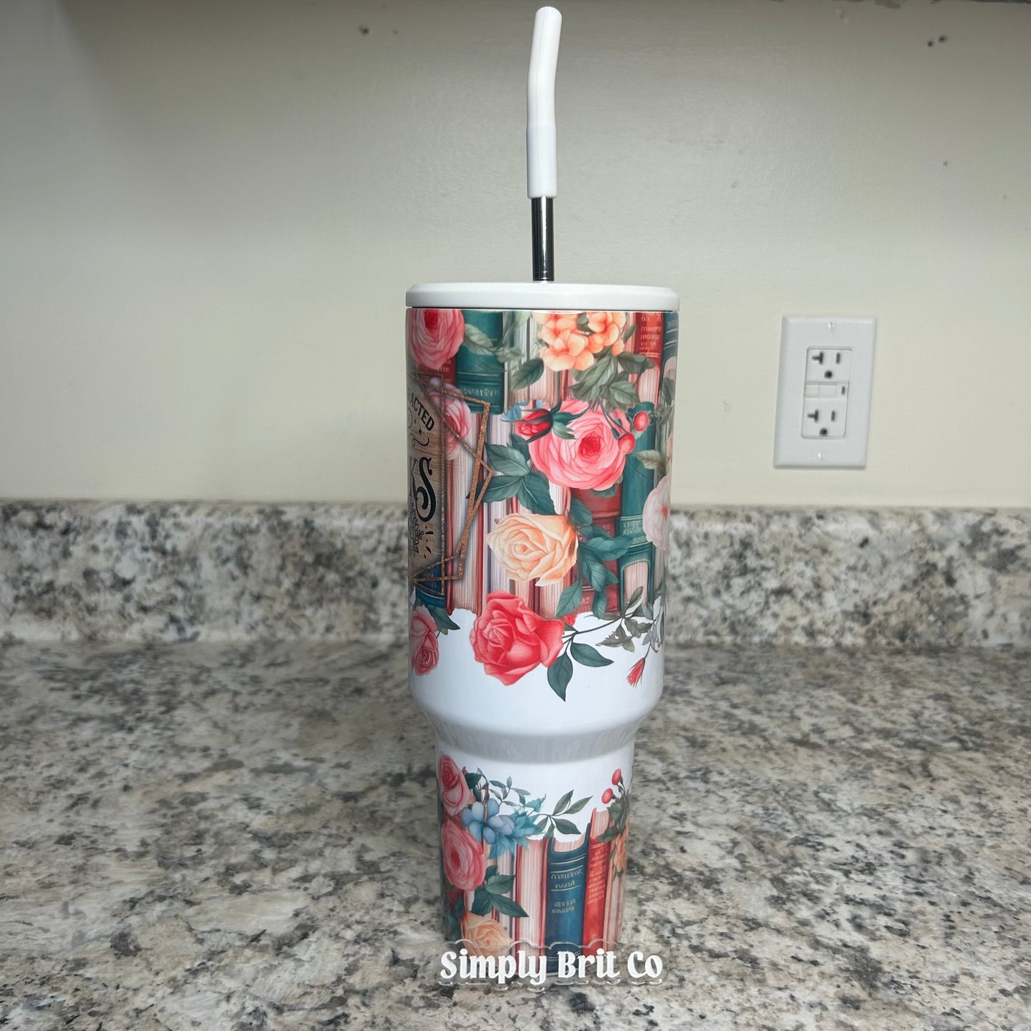Glossy Distracted By Books 40oz Tumbler | Floral Book Lover