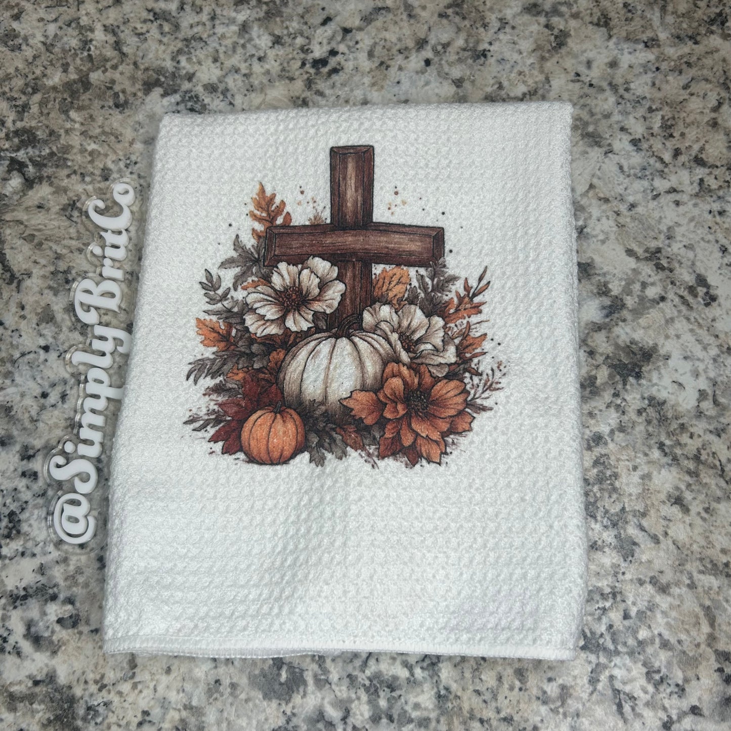 Pumpkin and Floral with a Cross Kitchen Towel | Fall