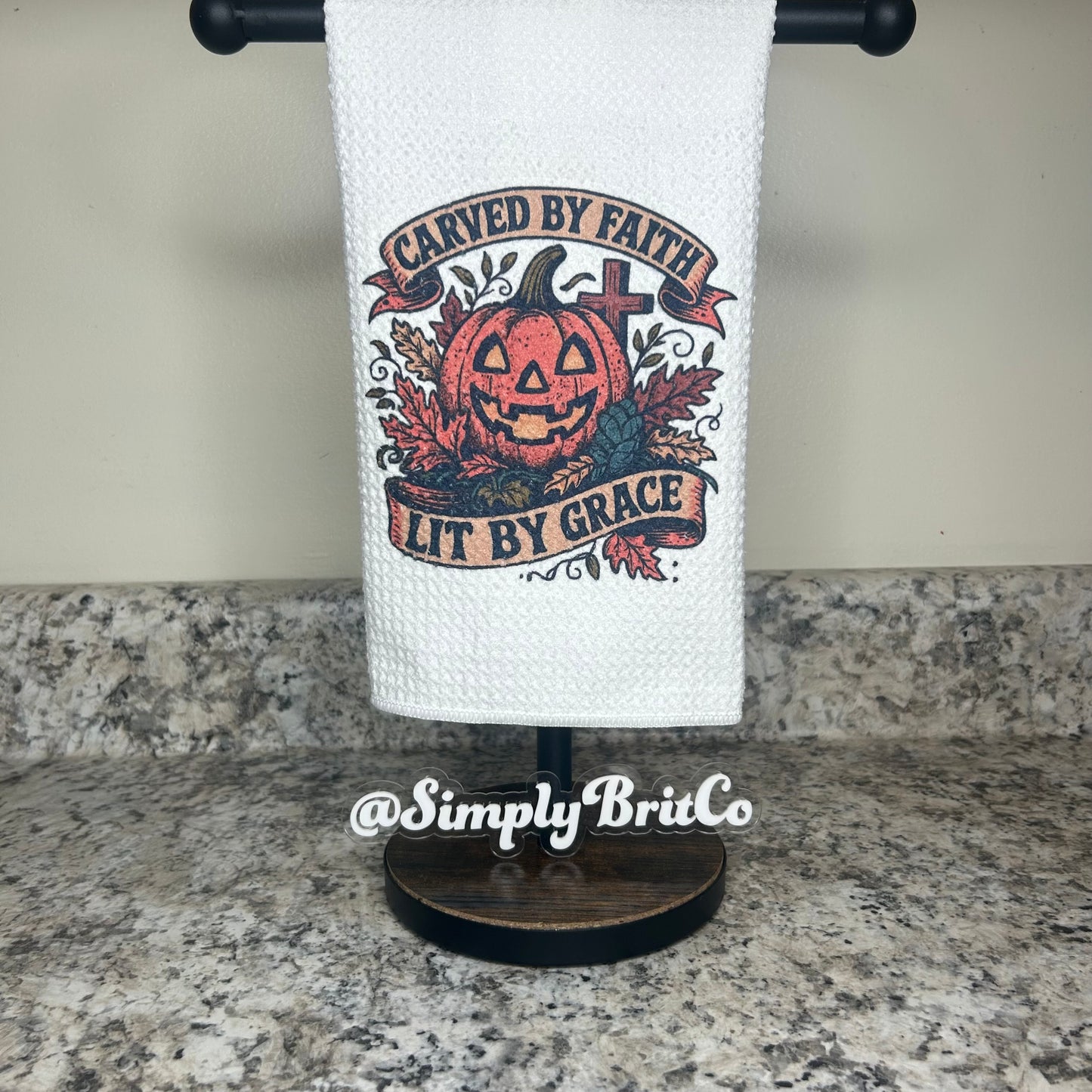 Carved by Faith, Lit by Grace Pumpkin Kitchen Towel | Fall