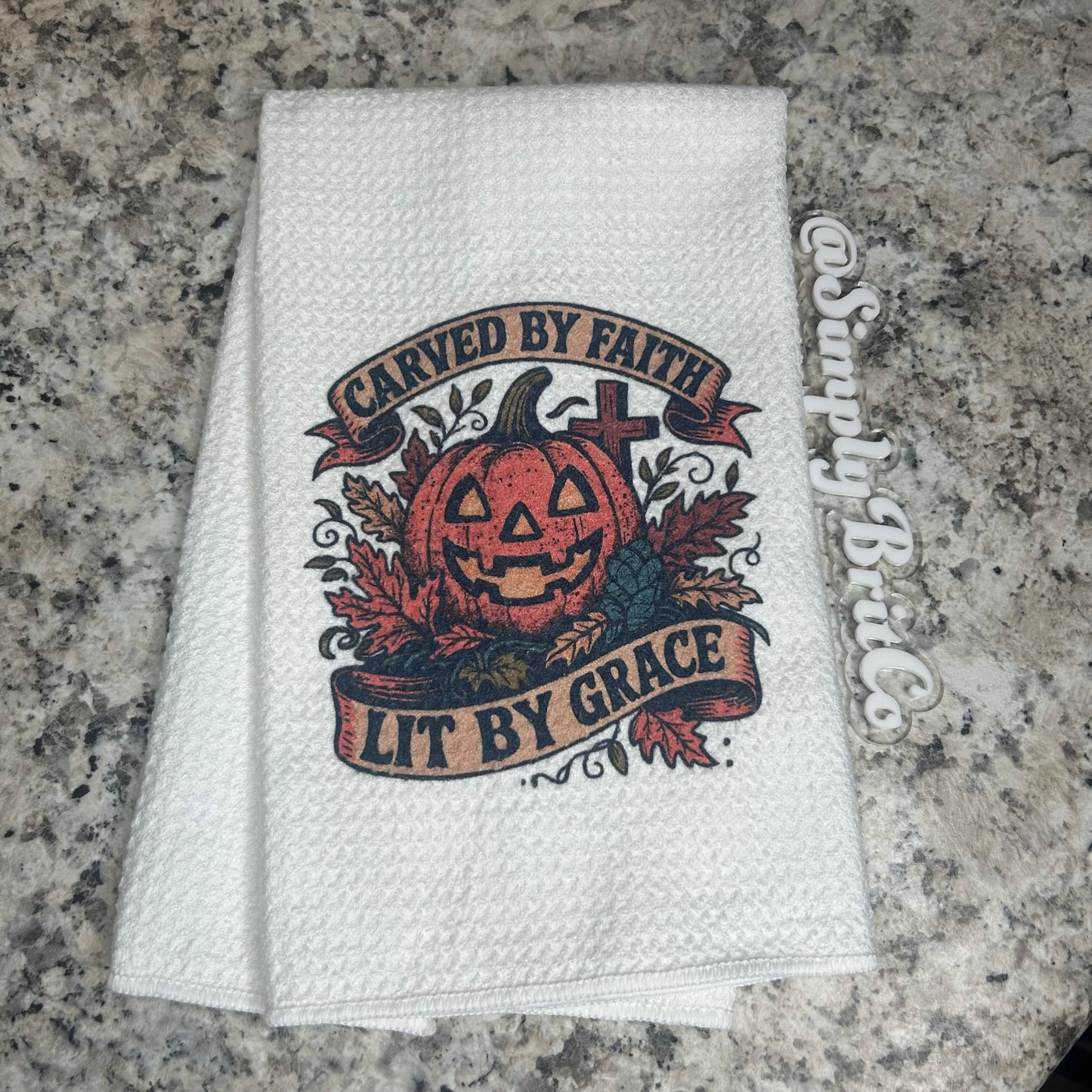 Carved by Faith, Lit by Grace Pumpkin Kitchen Towel | Fall