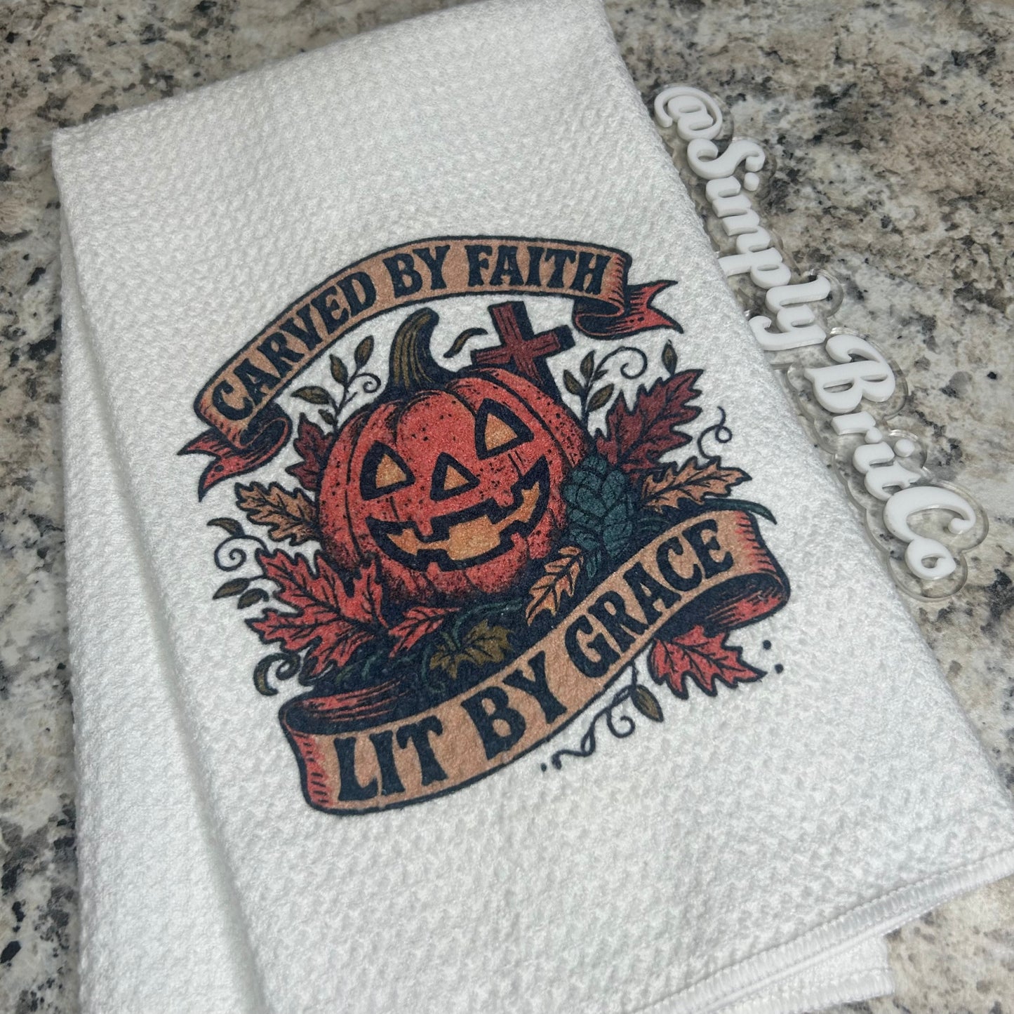 Carved by Faith, Lit by Grace Pumpkin Kitchen Towel | Fall