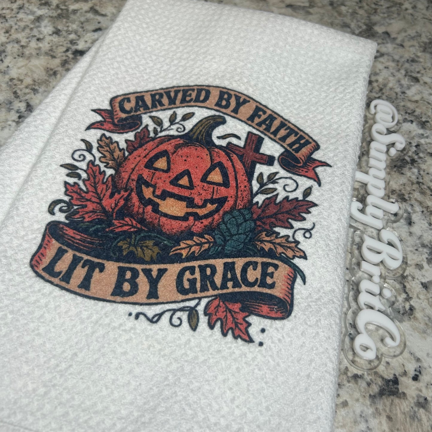 Carved by Faith, Lit by Grace Pumpkin Kitchen Towel | Fall