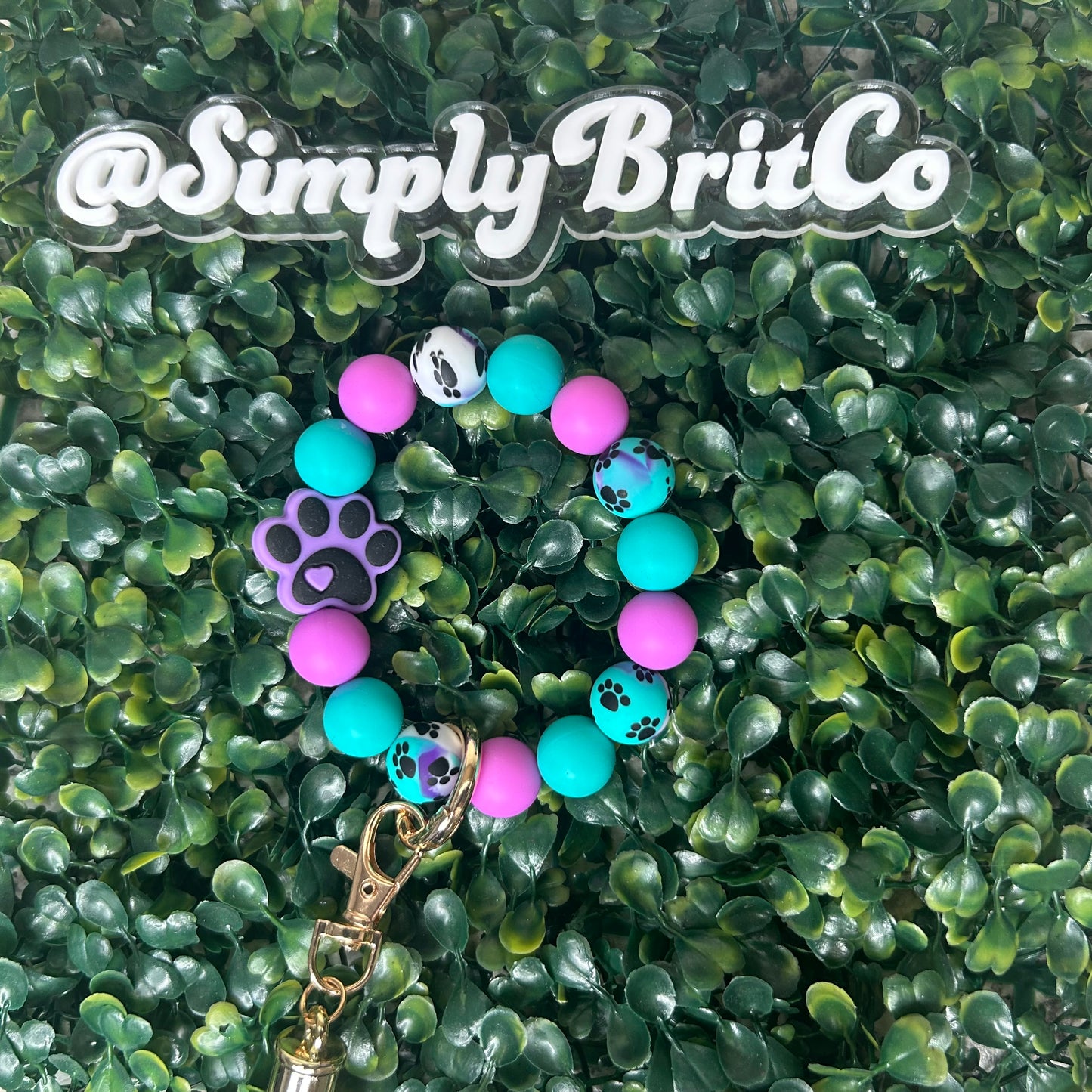Purple and Teal Paw Print Silicone Bead Stretchy Keychain | Key Holder