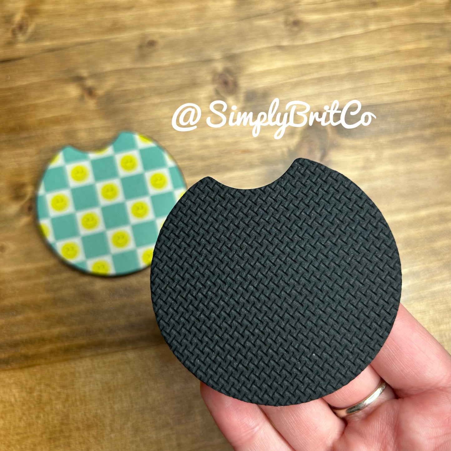 Bright Checkered Smiley Set of 2 Car Coasters