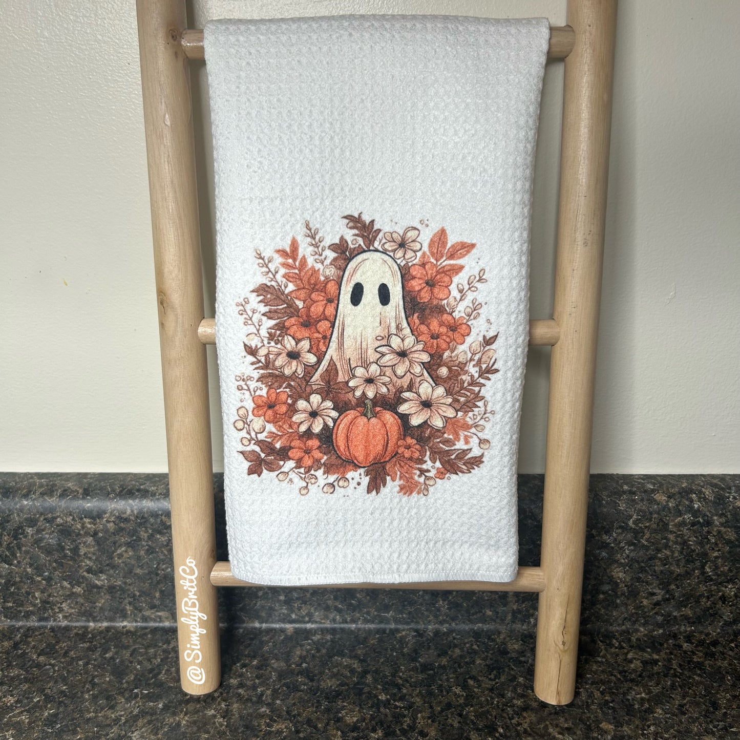 Floral Ghost Holding a Pumpkin Kitchen Towel - Fall, Halloween