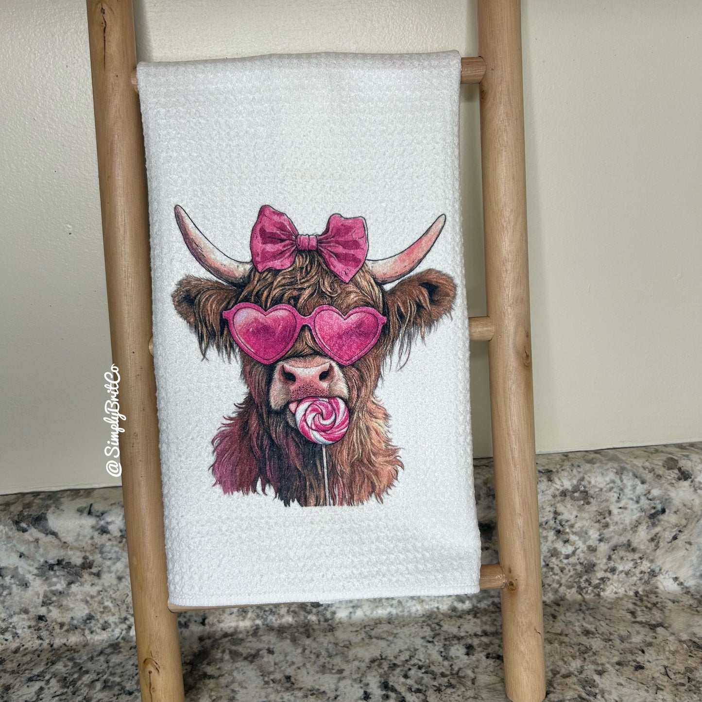 Pink Highland Cow Lollipop Kitchen Towel